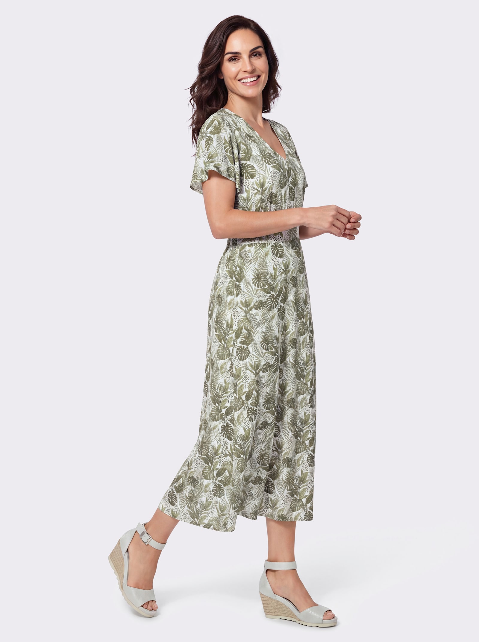 Jerseykleid mit Smokpartie hinten - ecru-oliv-bedruckt