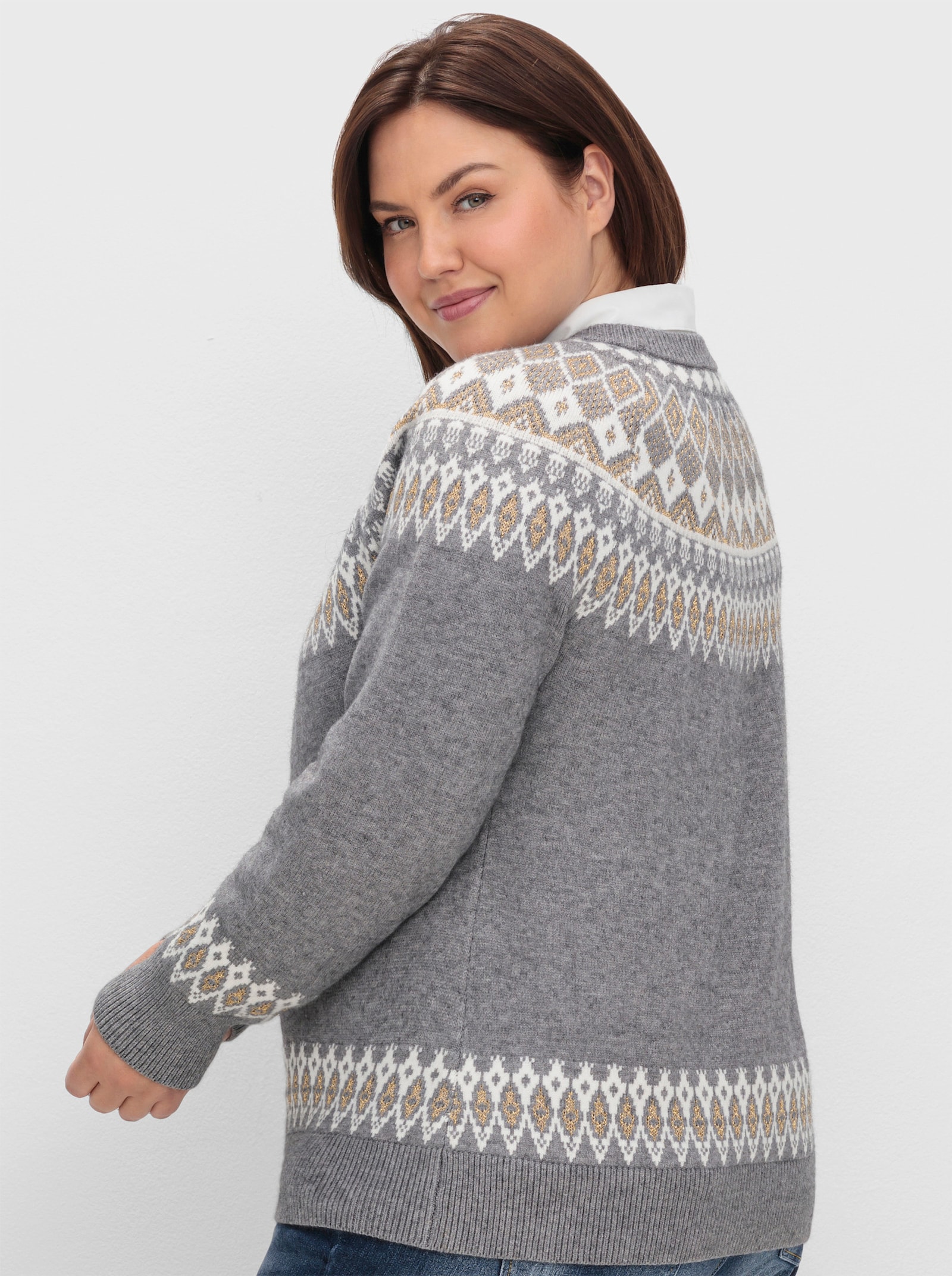 sheego by Joe Browns Jacquard-Pullover mit goldfarbenem Glanzgarn - grau meliert