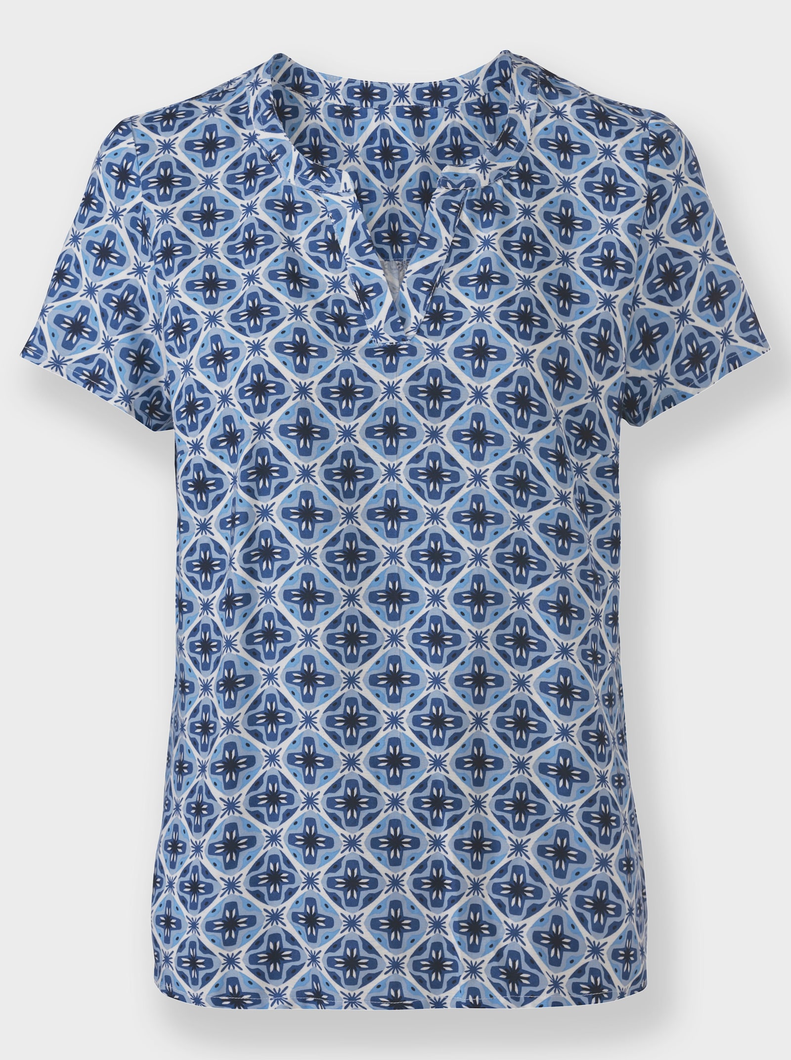 Druckbluse in Schlupfform - jeansblau-ecru-bedruckt