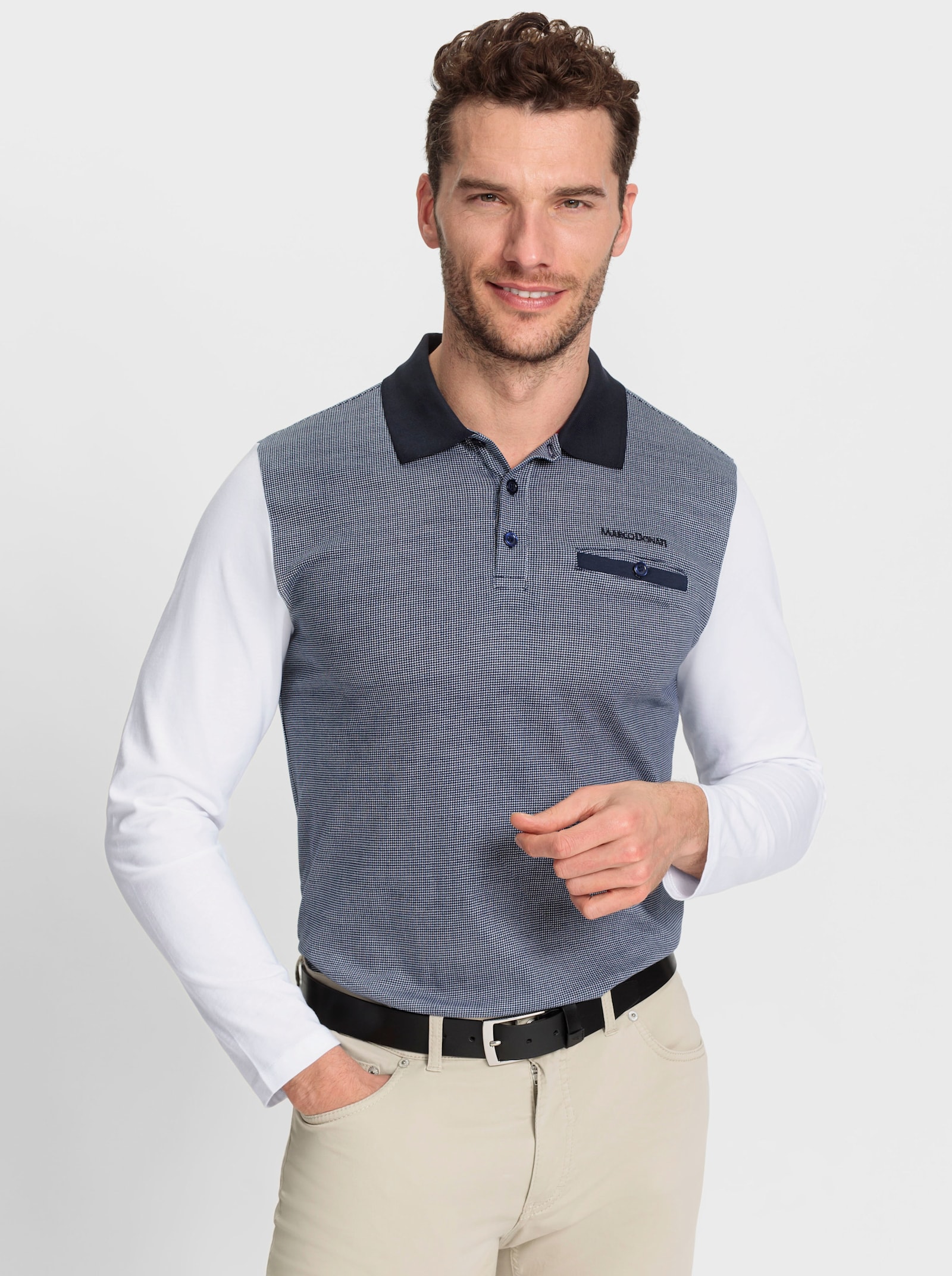 Marco Donati Langarm-Poloshirt mit Druck vorne und hinten - marine-bedruckt