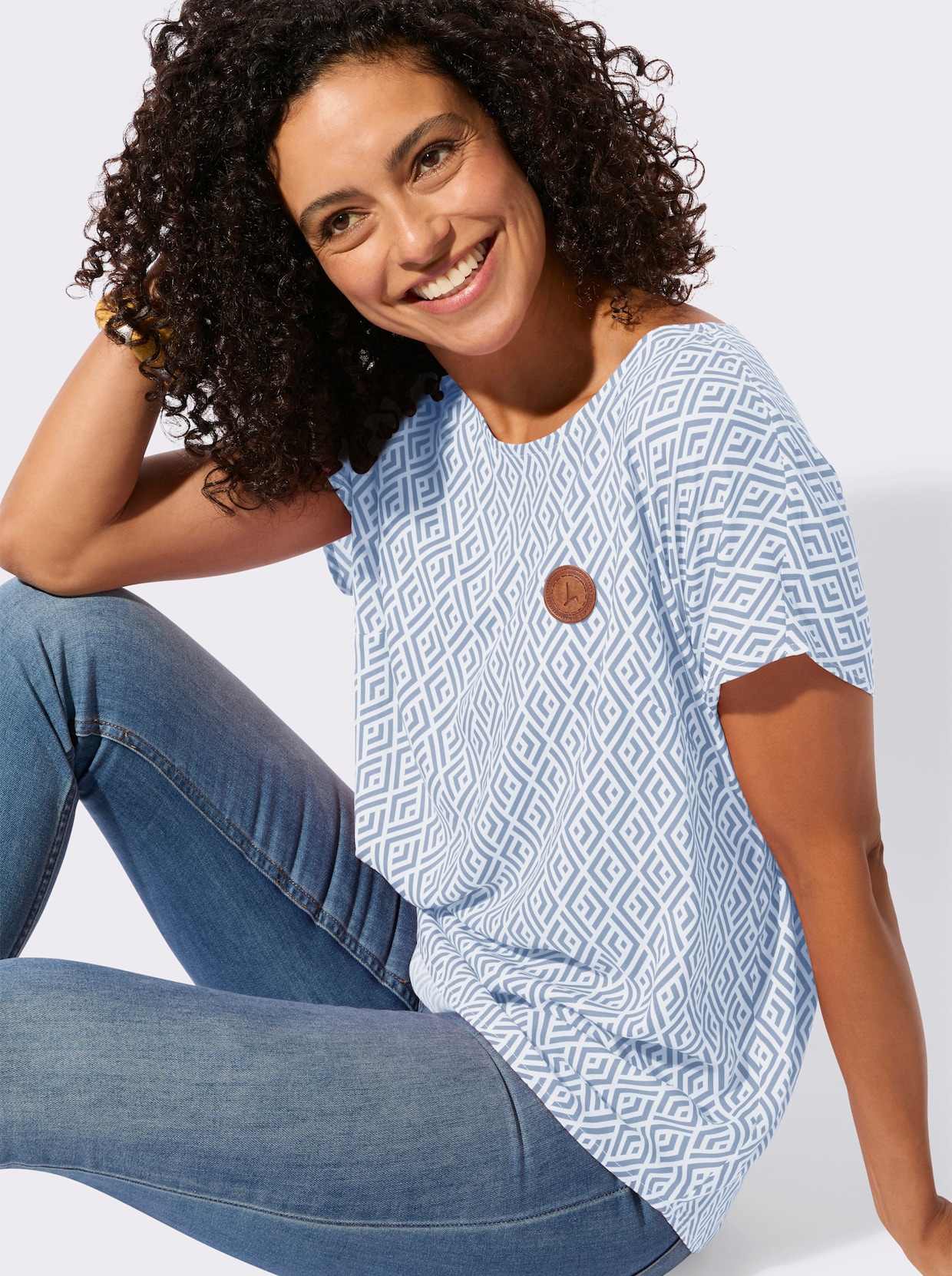 Druckbluse - ecru-bleu-bedruckt