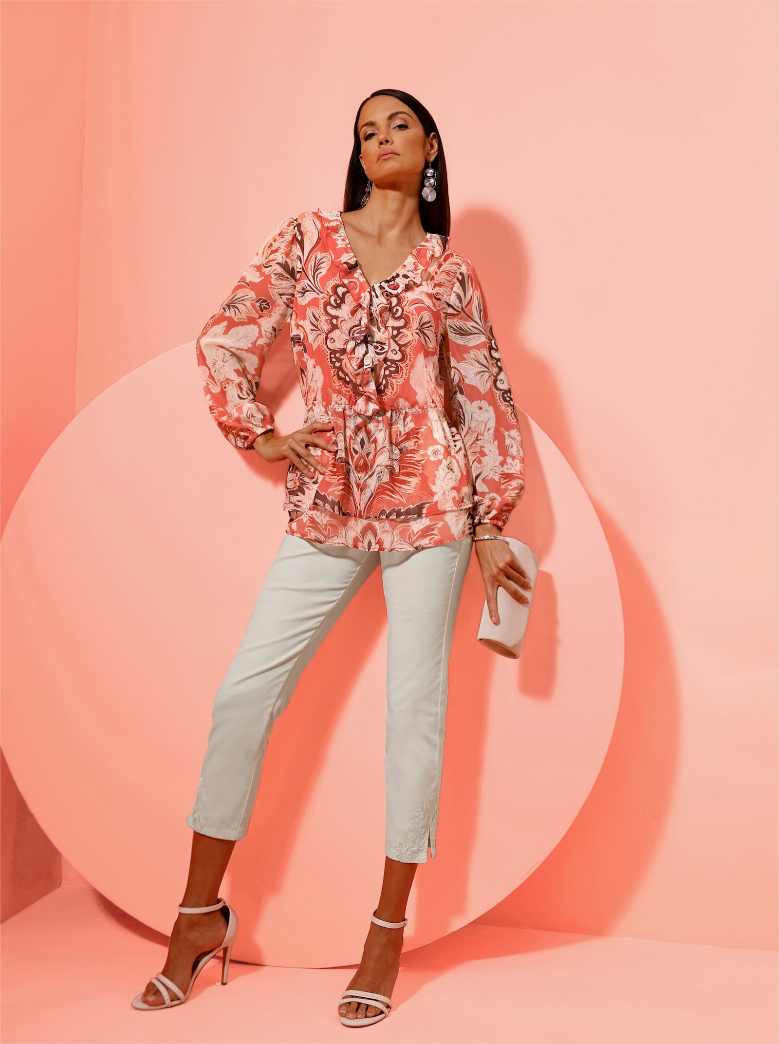 Tunika im Lagenlook - champagner-koralle-bedruckt