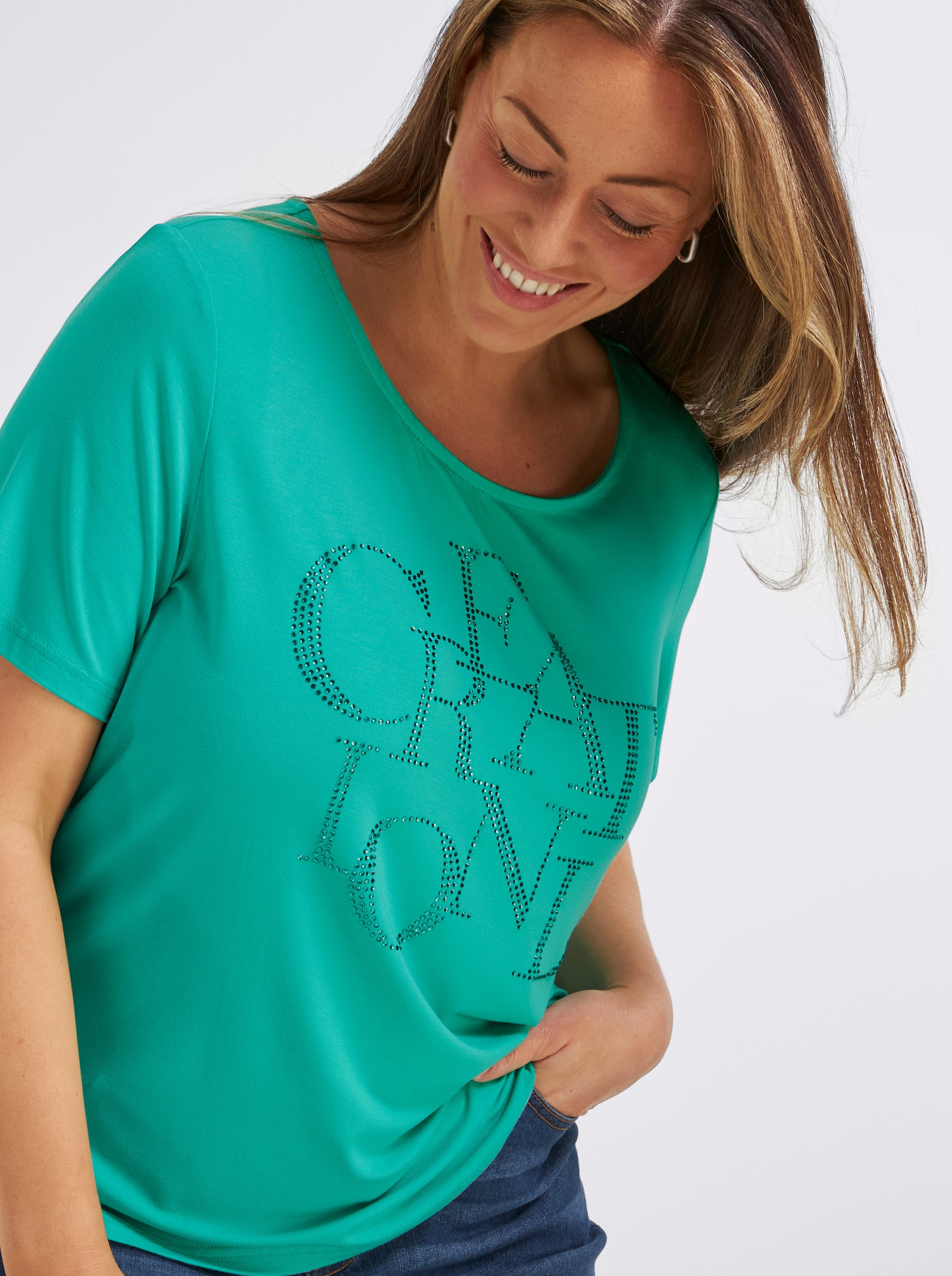 Kurzarmshirt mit Schriftzug aus Glitzersteinchen - blaugrün