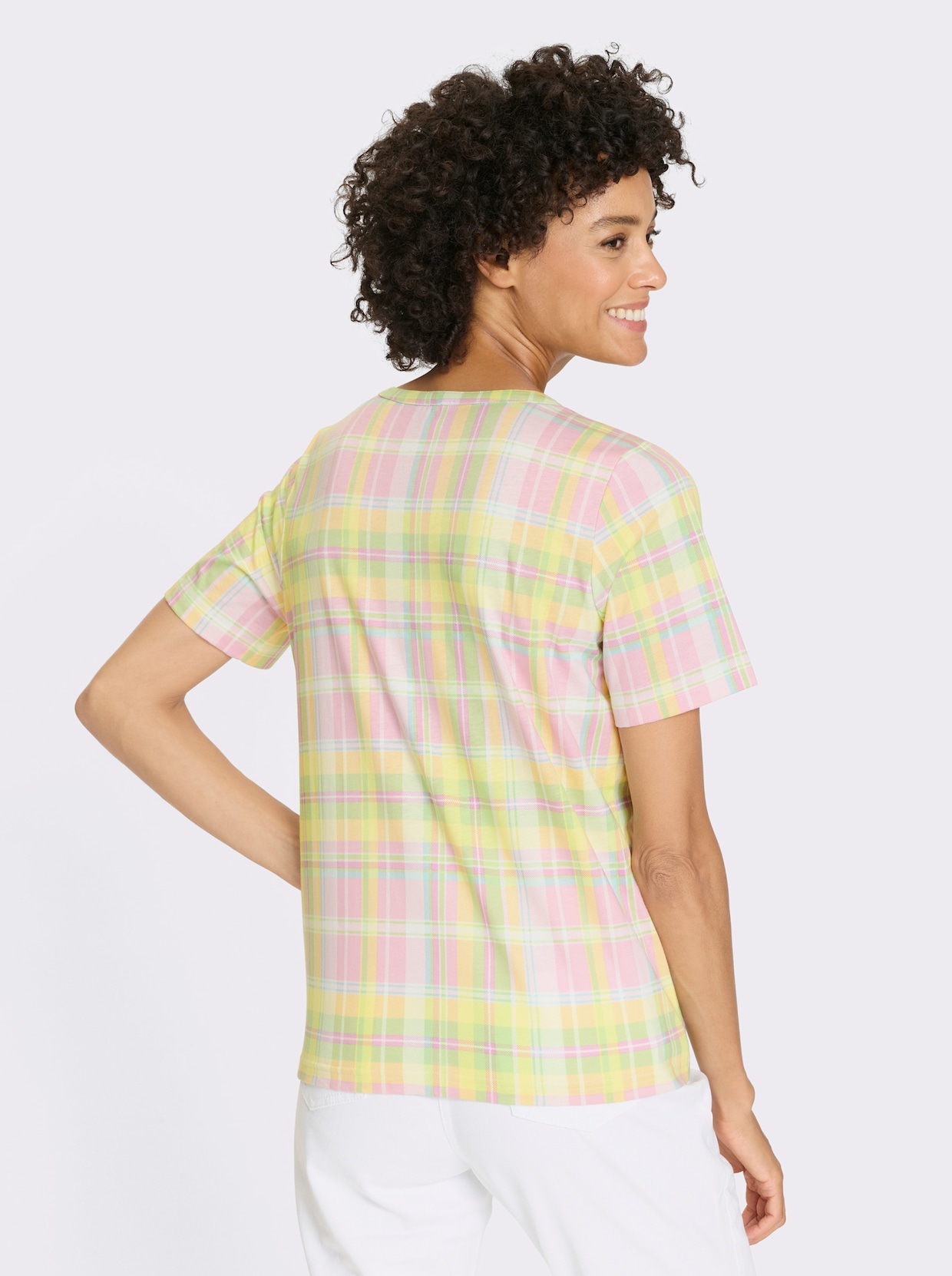Kurzarmshirt - zitrone-rosé-kariert
