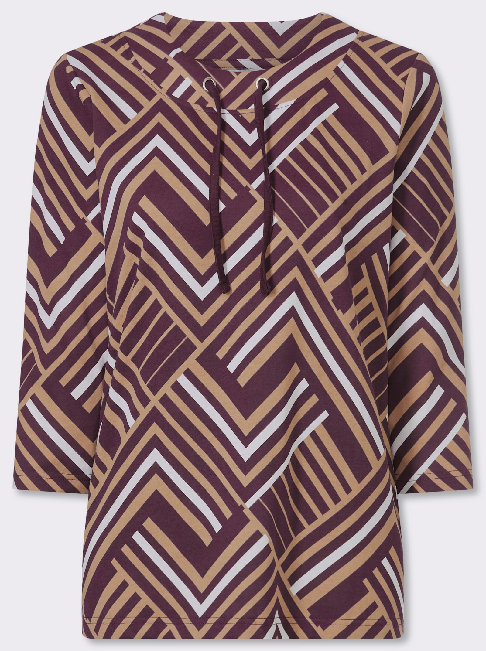3/4-Arm-Shirt mit Bindeband - burgund-camel-bedruckt
