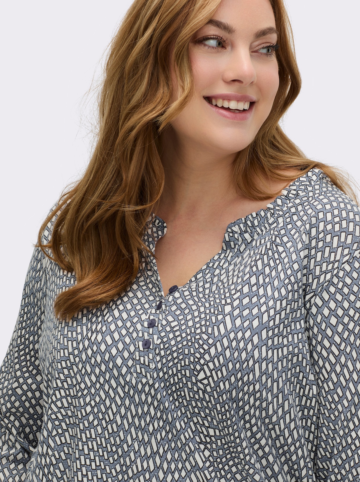 Langarmshirt im Material-Mix - rauchblau-ecru-bedruckt