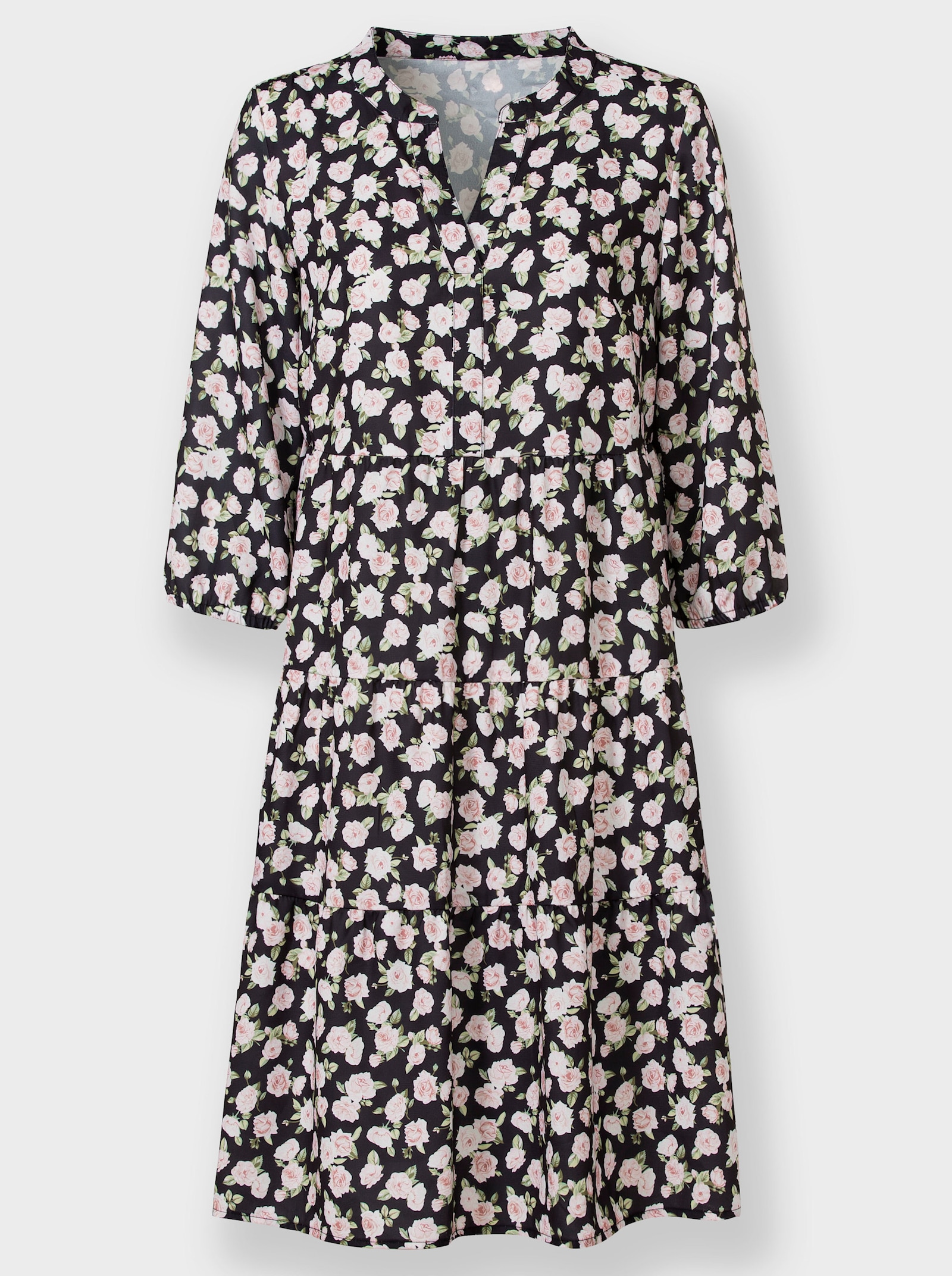 Blumenkleid mit stufigem Rock - schwarz-weiss-gemustert