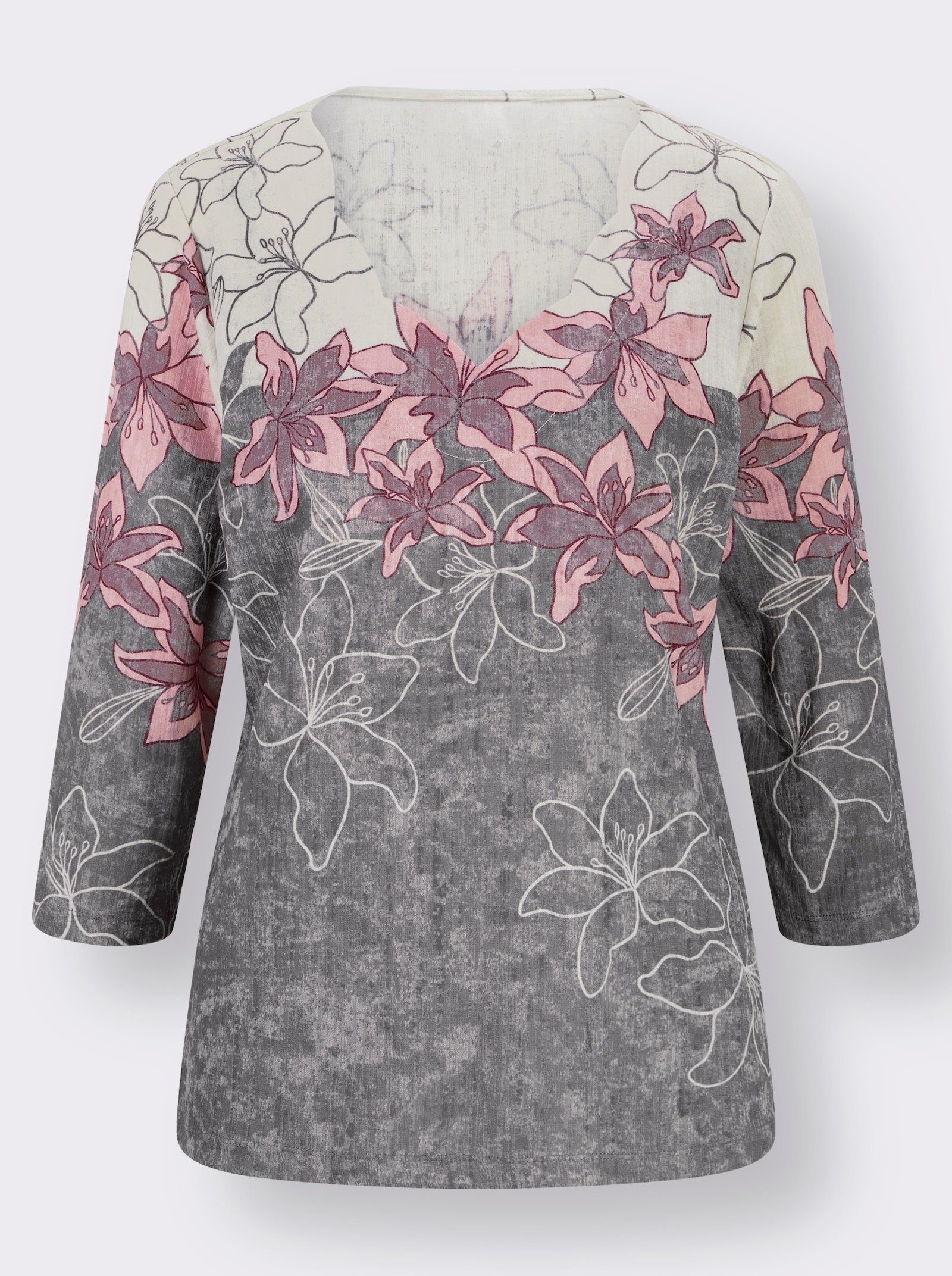 Print-Shirt mit gebogtem Ausschnitt - steingrau-mauve-bedruckt