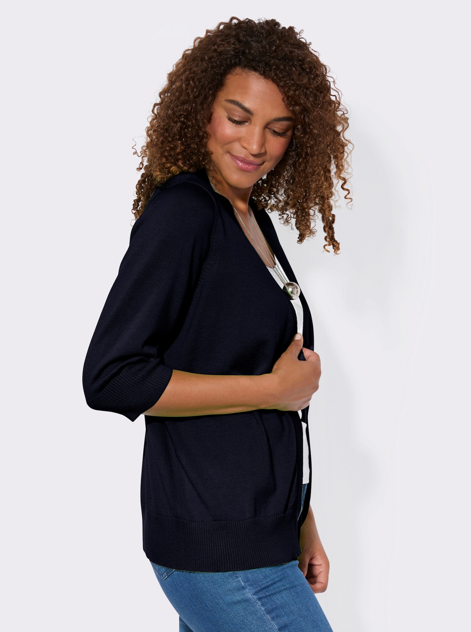 Feinstrickjacke mit gerippten Abschlüssen - marine