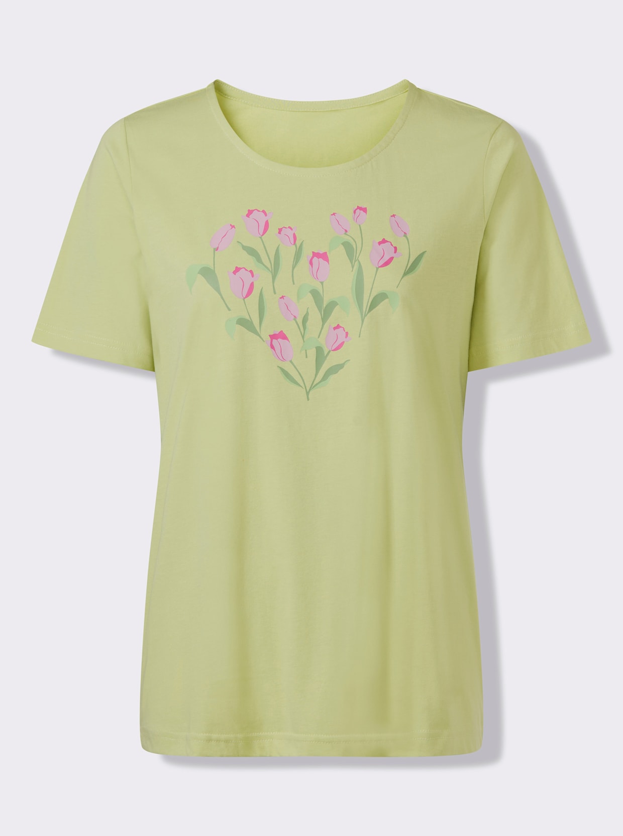 Kurzarmshirt mit platziertem Tulpen-Druck - pistazie-fuchsia