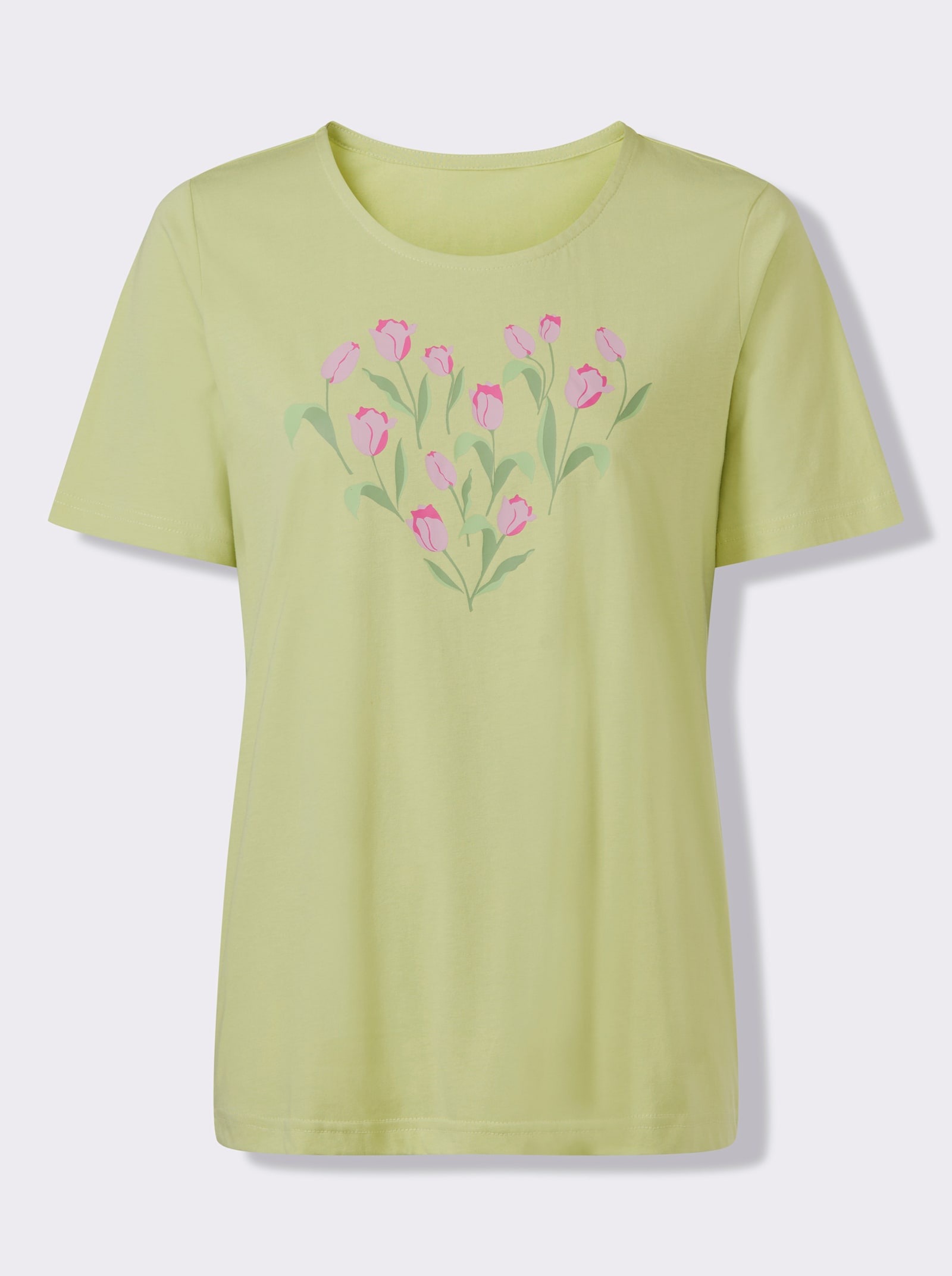Kurzarmshirt mit platziertem Tulpen-Druck - pistazie-fuchsia