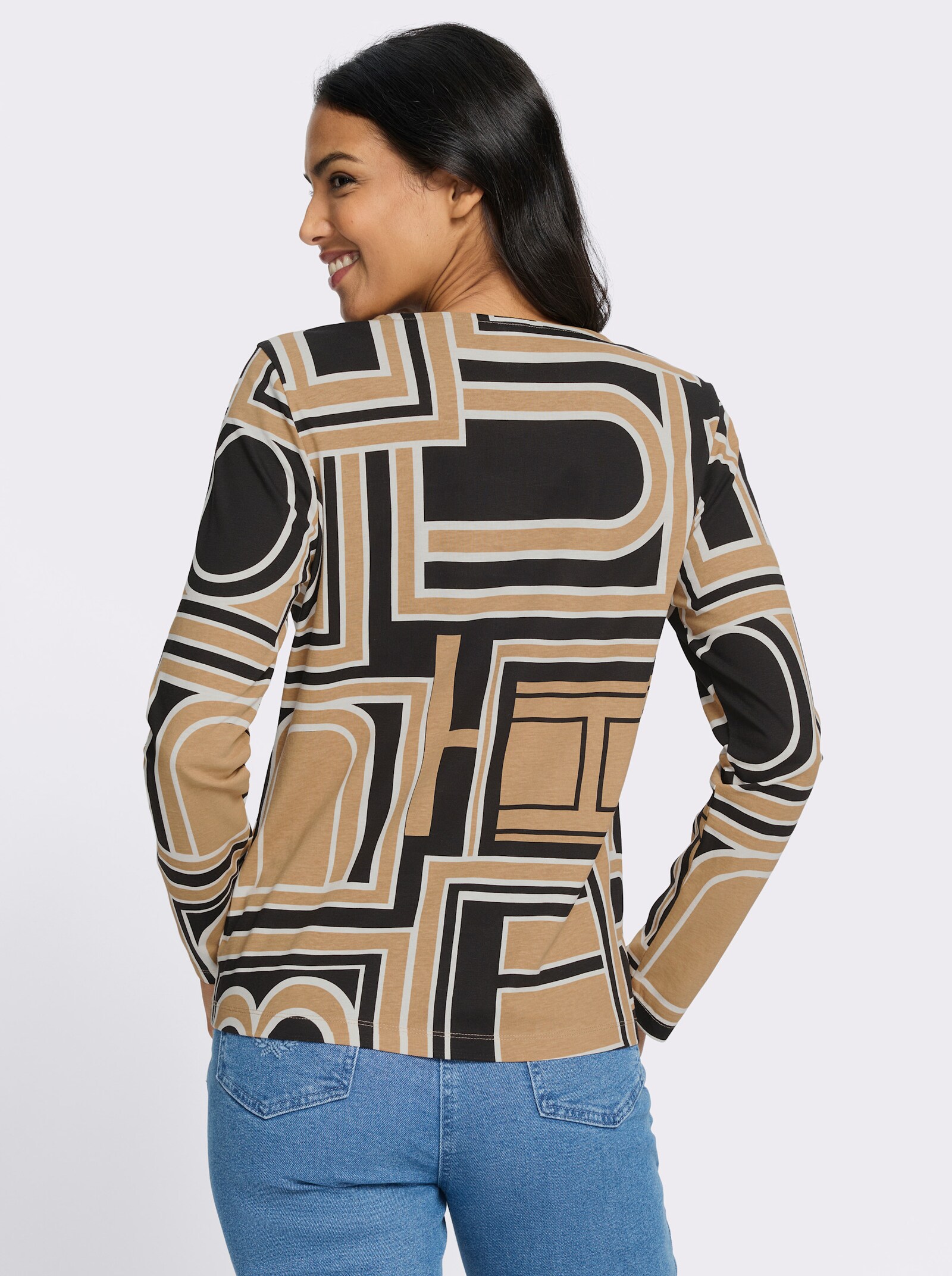 Langarmshirt mit grafischem Druck - camel-schwarz-bedruckt