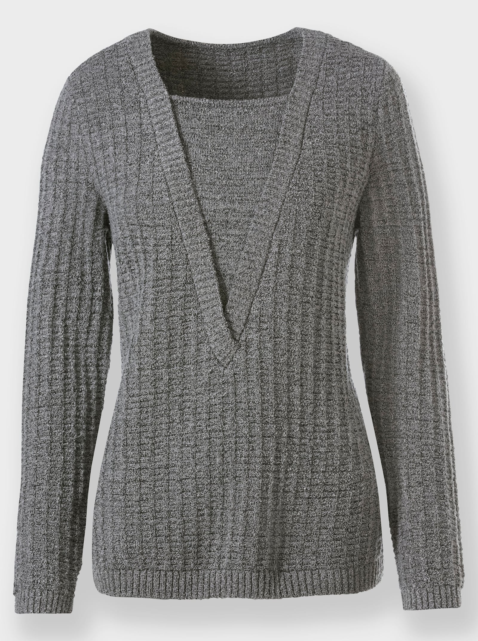 Bouclé-Pullover in 2-in-1-Optik - steingrau-meliert