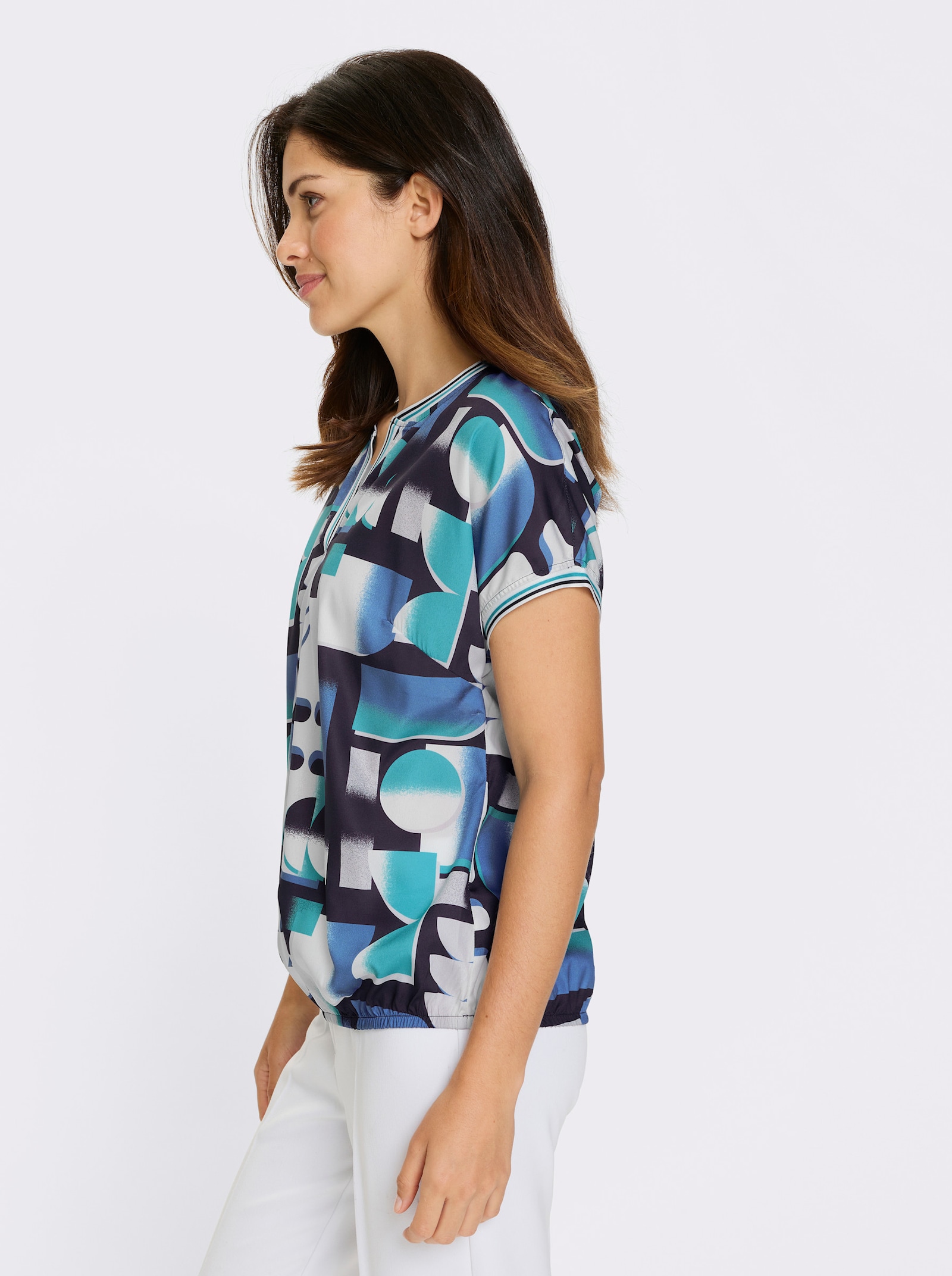 Schlupfbluse im Grafik-Dessin - türkis-schwarz-bedruckt