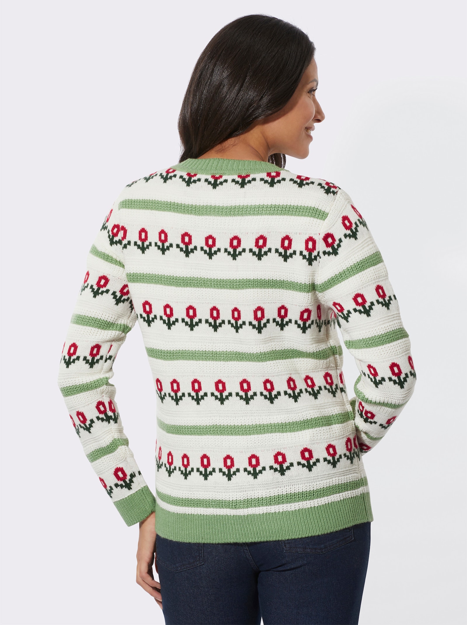 Pletený kabátek s proužkovaným a květinovým vzorem - šampaňská-eukalyptová-vzor