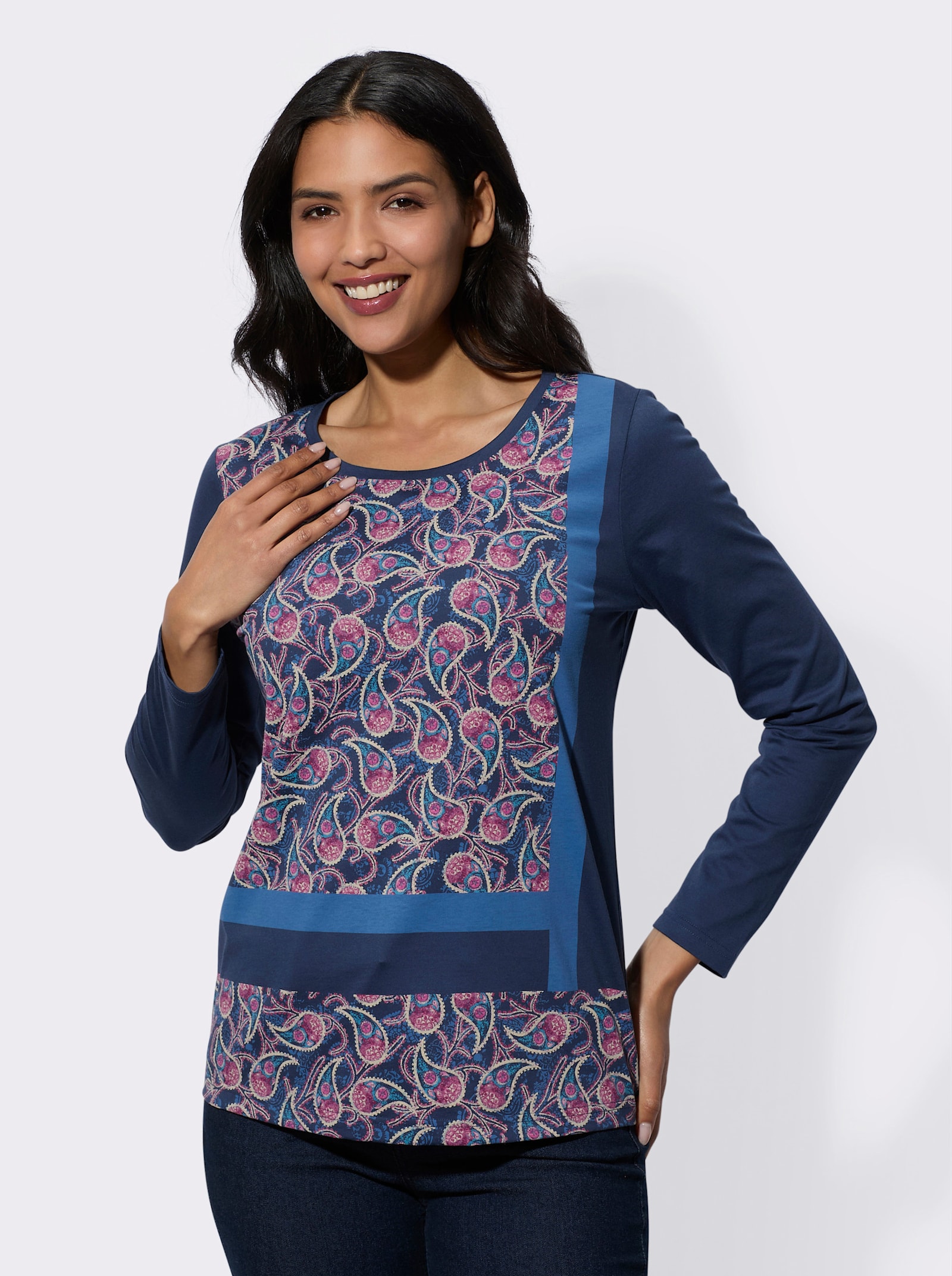 Langarmshirt mit Druckmuster im Vorderteil - dunkelblau-topas-bedruckt