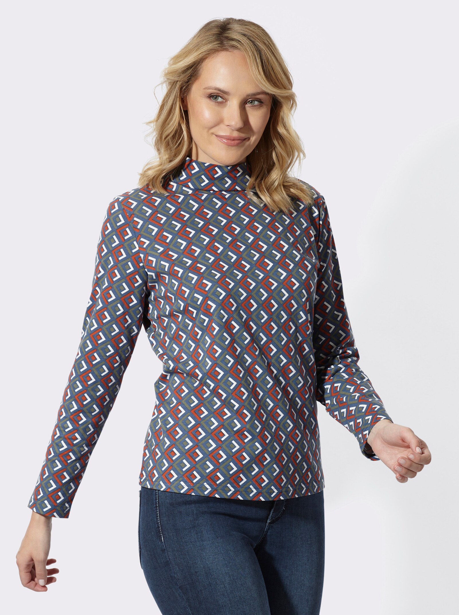 Stehkragenshirt mit Print - rauchblau-rostrot-bedruckt
