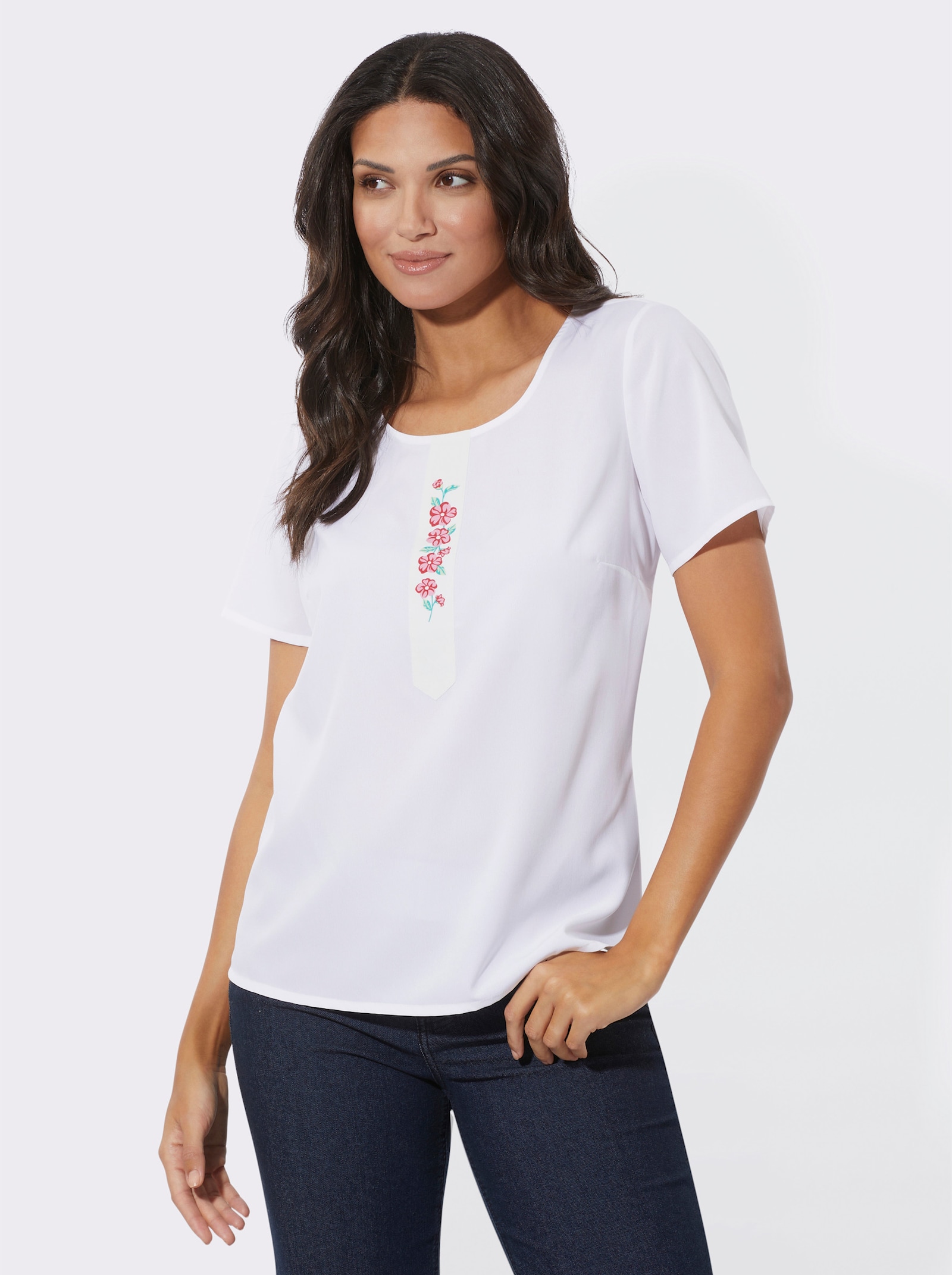 Kurzarm-Bluse mit Blütendruck - weiß-rot