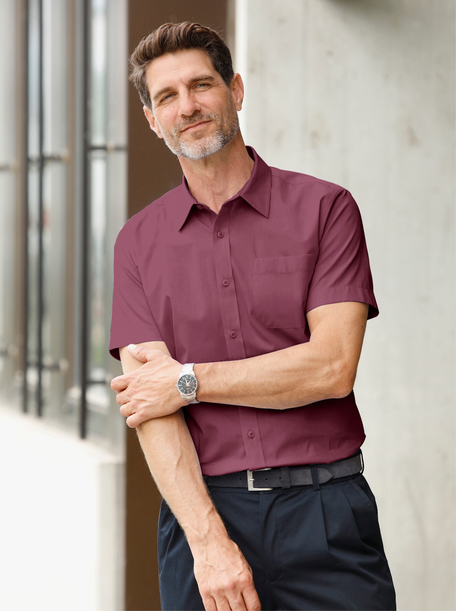 Marco Donati Kurzarmhemd in bügelfreier Baumwolle - burgund