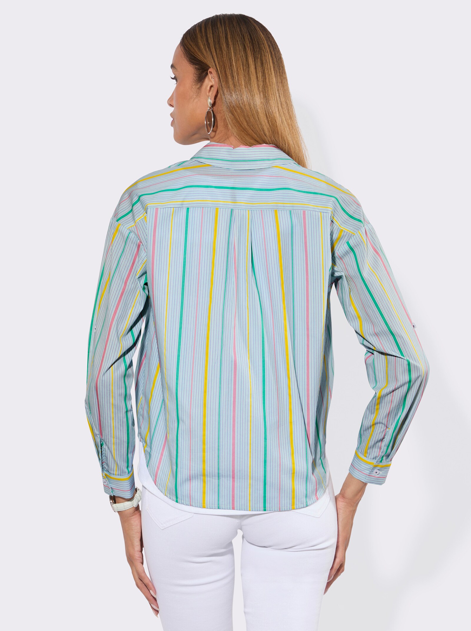 Hemdbluse mit Faltenpartie hinten - weiß-taubenblau-gestreift