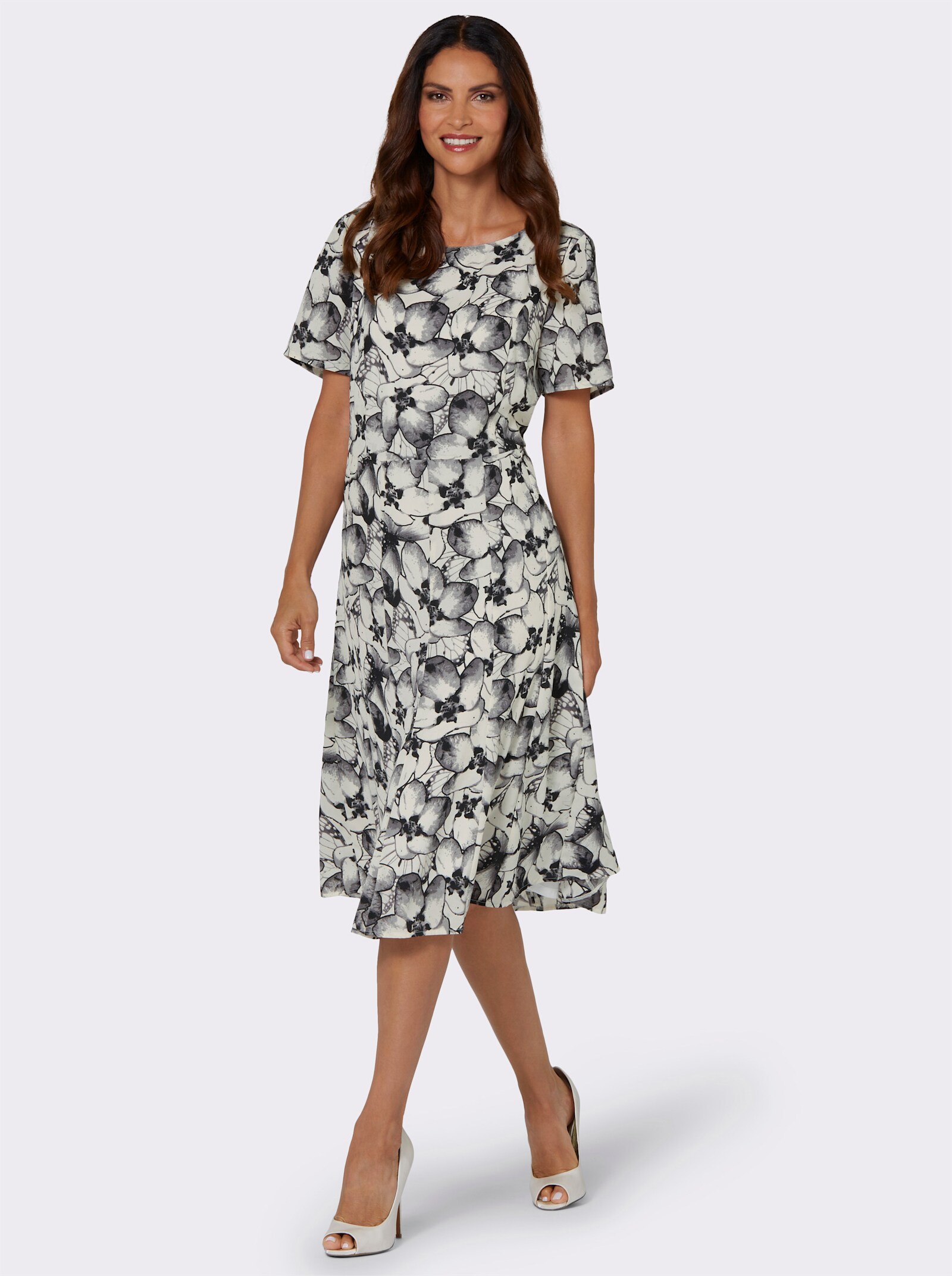 Webkleid in Bahnenform - champagner-anthrazit-bedruckt