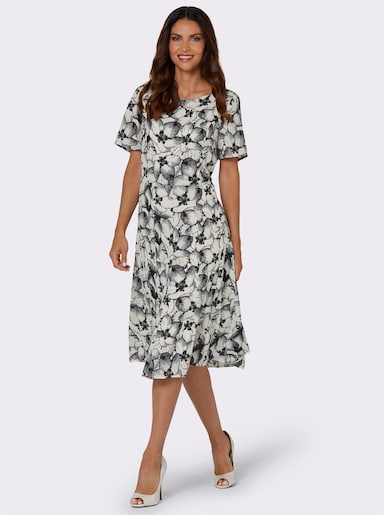 Webkleid in Bahnenform - champagner-anthrazit-bedruckt