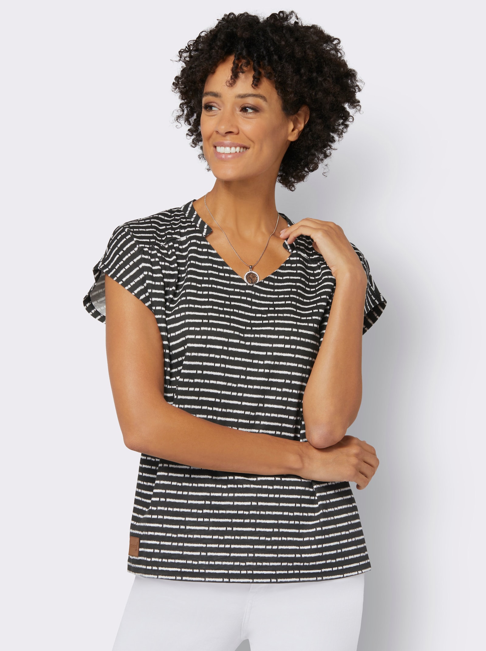 Topp med rynkning - svart-ecru, randig