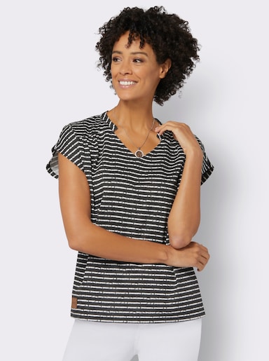 Print-Shirt mit Raffung - schwarz-ecru-geringelt