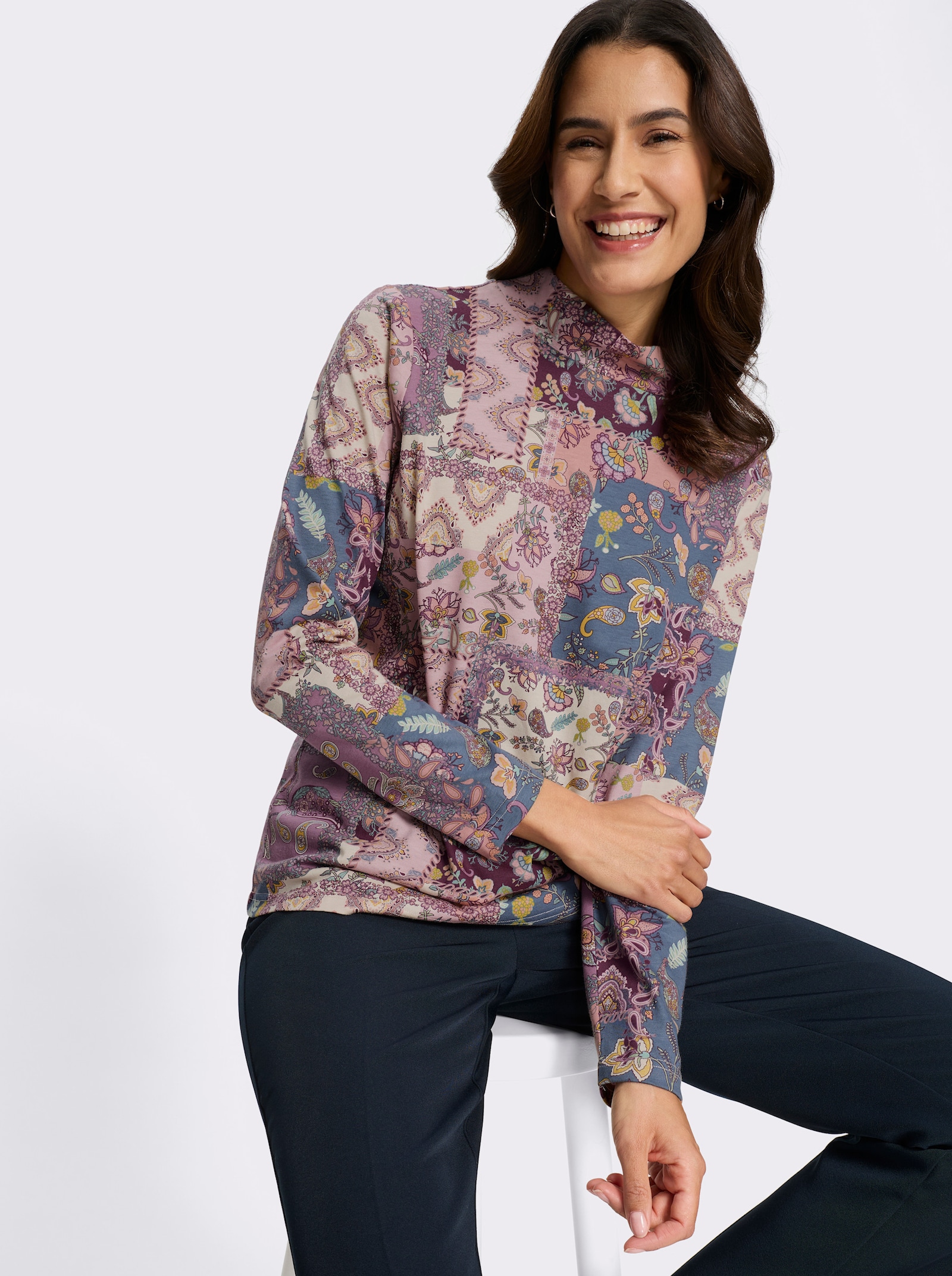 Stehkragenshirt im Patchwork-Dessin - burgund-violett-bedruckt