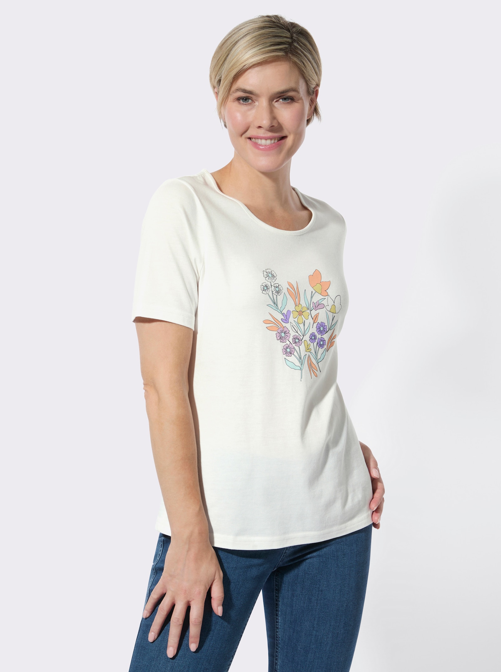 Kurzarmshirt mit platziertem Druck - ecru