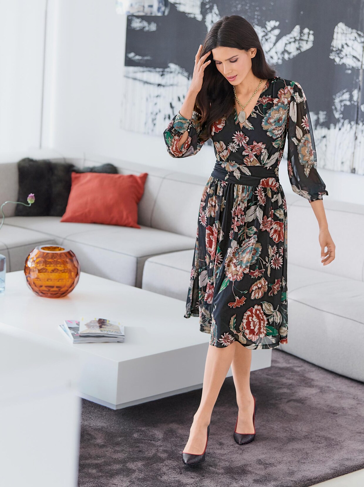 Ashley Brooke Jurk met print - zwart/langoustine bedrukt