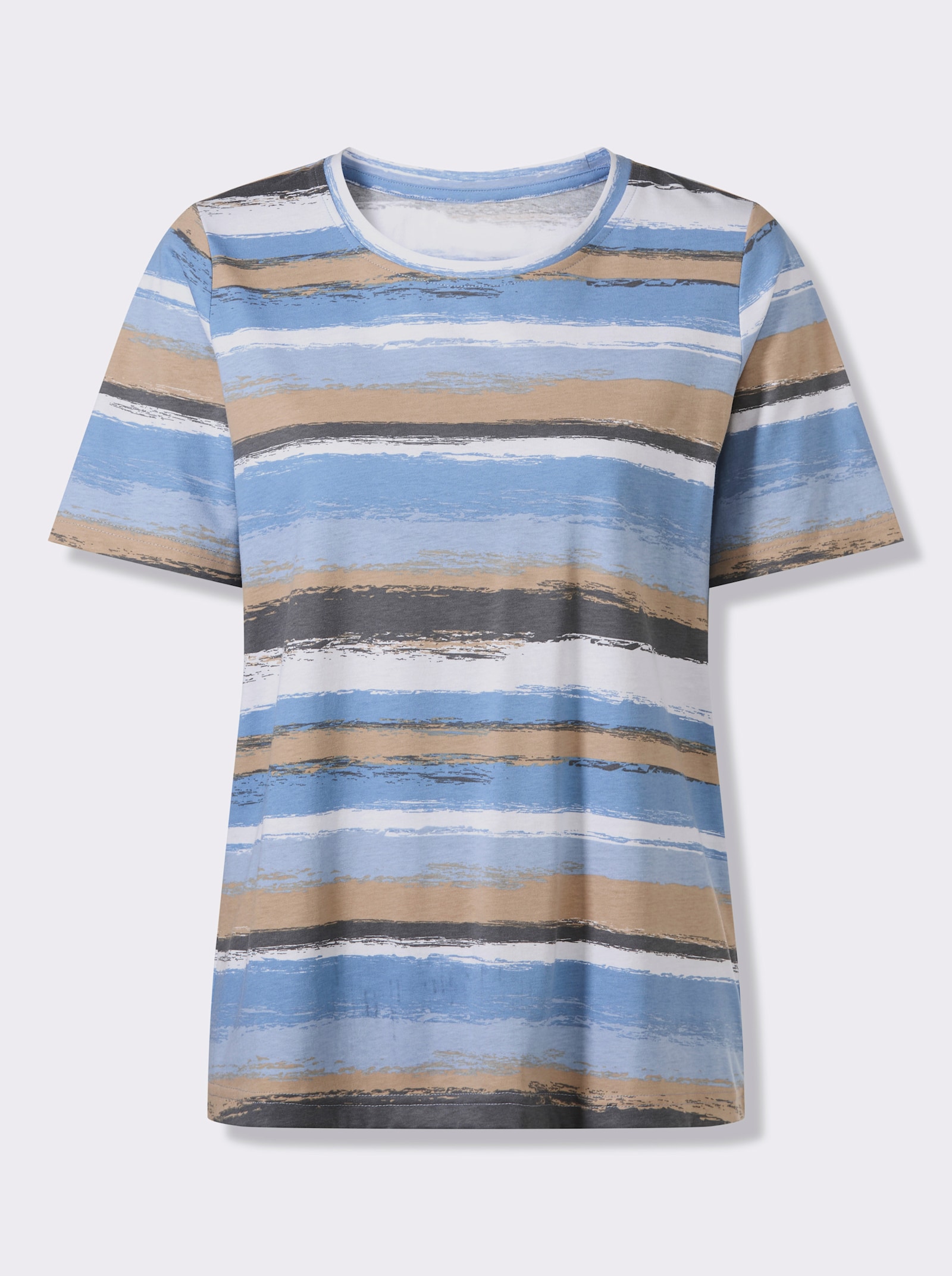 Tričko s krátkým rukávem s vícebarevným proužkovaným vzorem - střední modrá-velbloudí-potisk