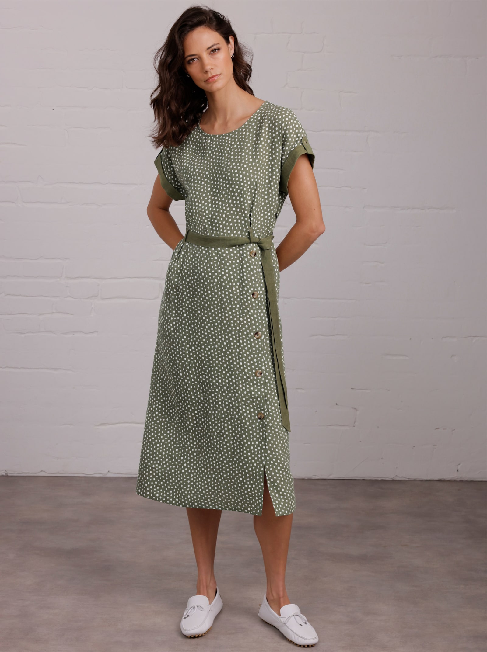 CREATION L PREMIUM Druckkleid aus reinem Leinen - khaki-weiss-bedruckt