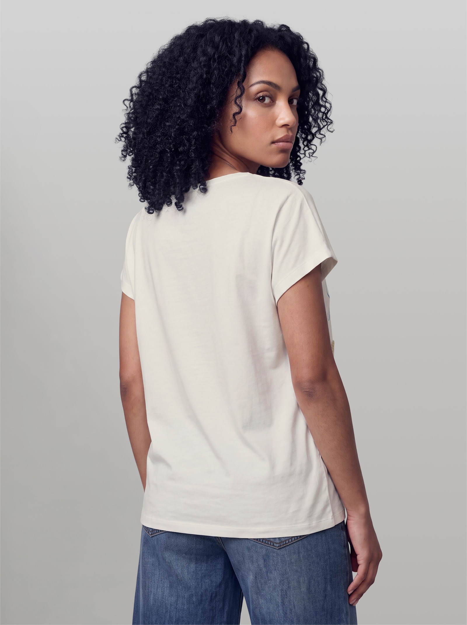 heine Kurzarmshirt mit Zierperlen - ecru-sand-gemustert