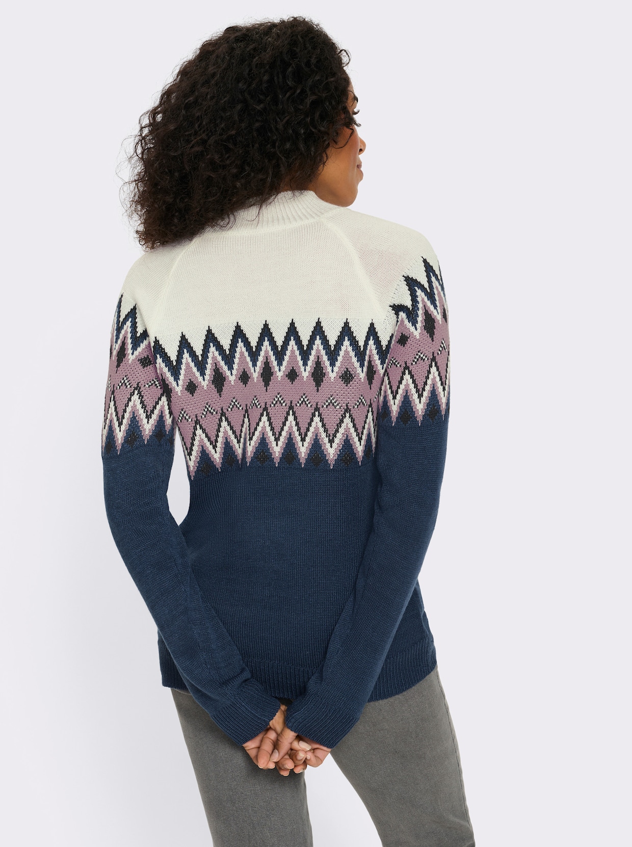 Pullover met lange mouwen en Noors patroon - donkerblauw/mauve gedessineerd