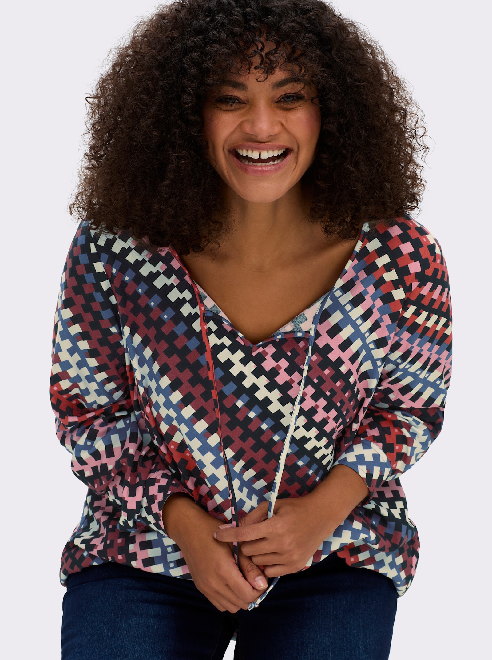 Schlupfbluse mit grafischem Muster - schwarz-flamingo-bedruckt