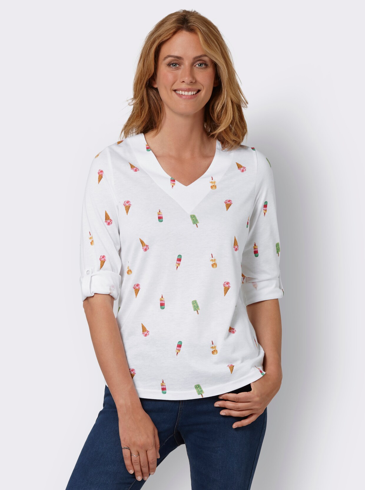 Langarmshirt - weiß-grapefruit-bedruckt