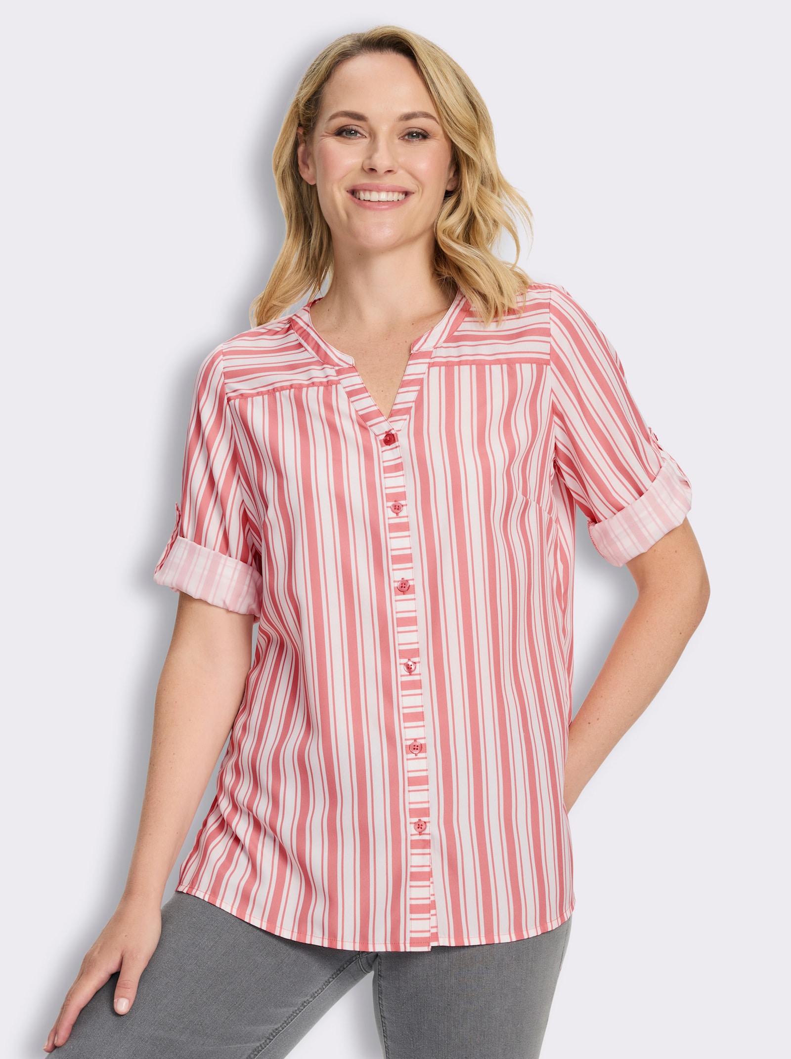 Longbluse mit vertikalem Streifenmuster - flamingo-weiß-gestreift