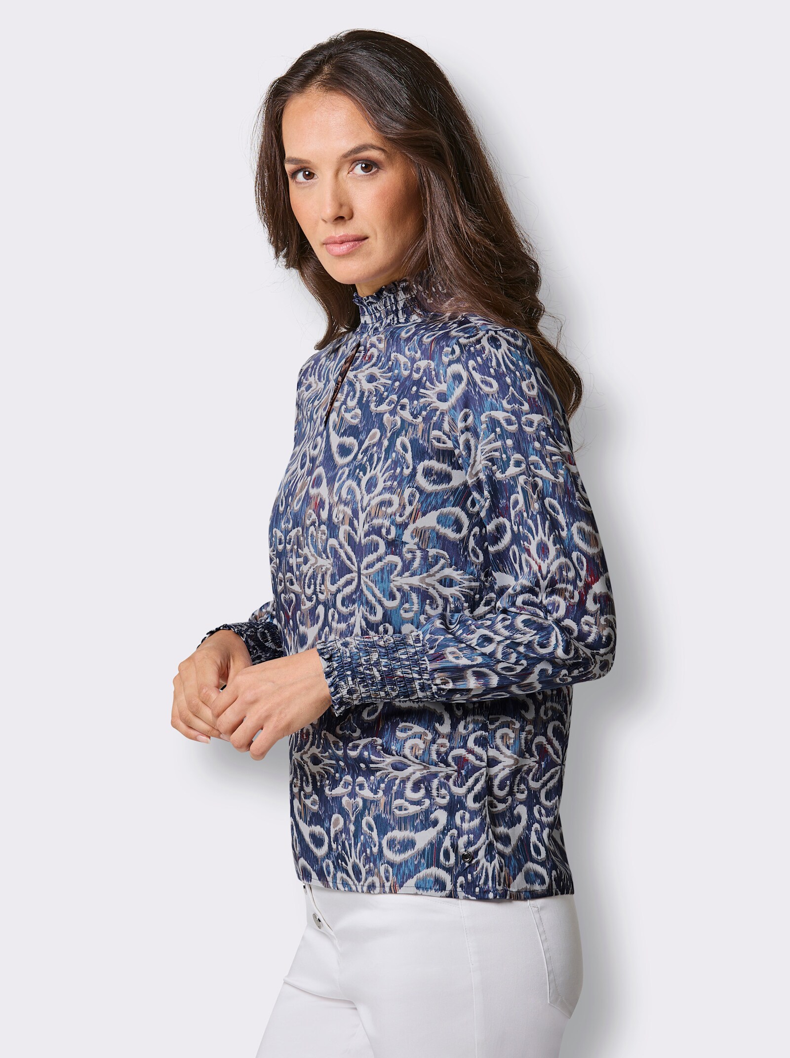 CREATION L PREMIUM Bluse mit Stehkragen mit gesmokten Abschlüssen - ecru-marine-bedruckt
