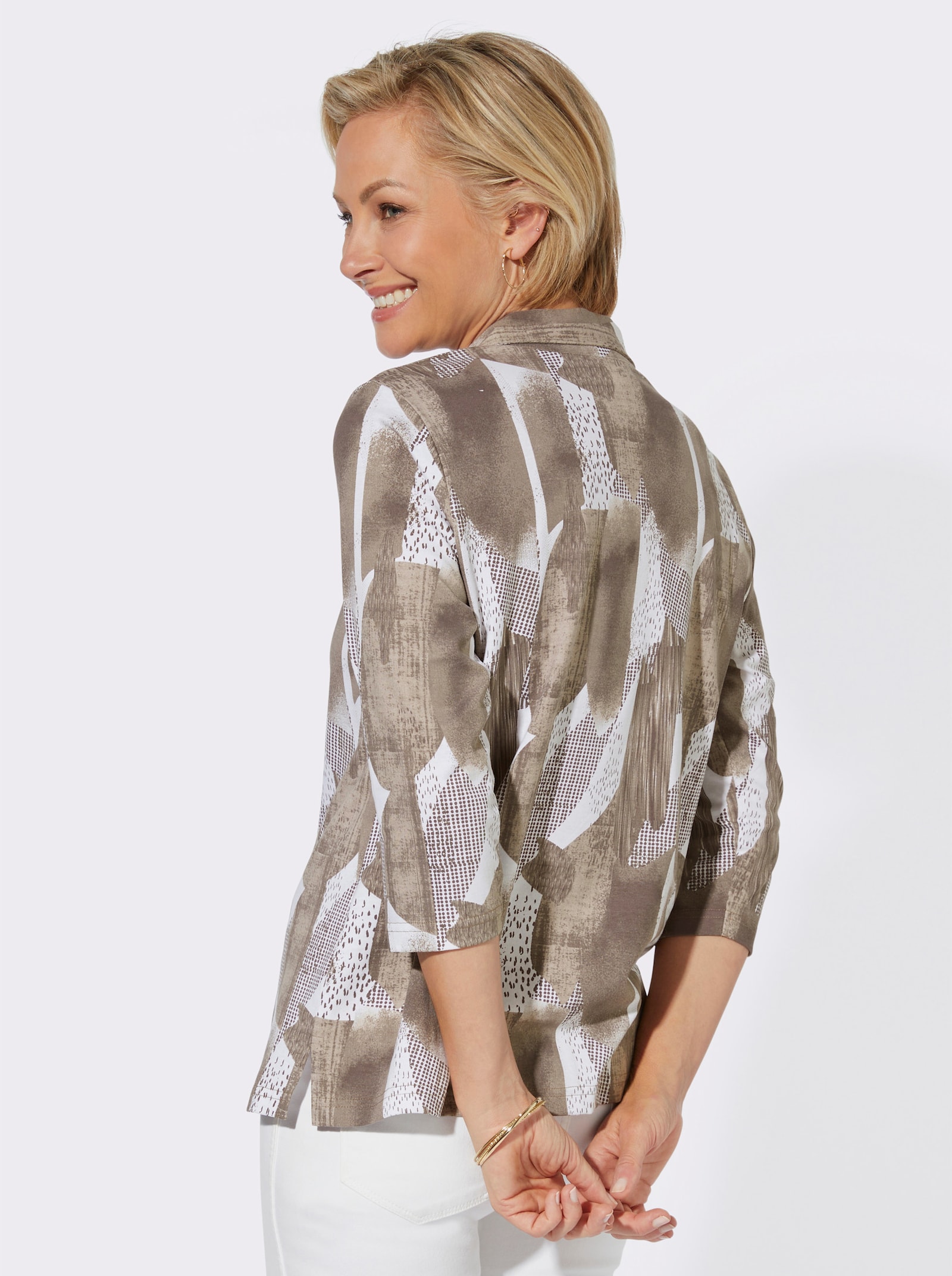 Poloshirt mit kurzem Reissverschluss - sesam-weiss-bedruckt