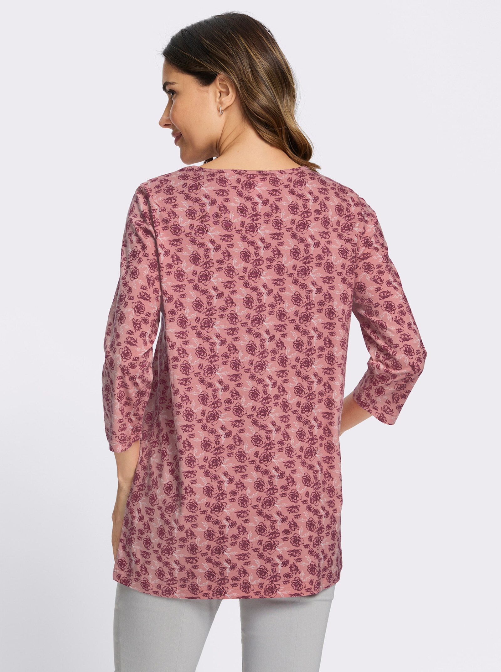 Longshirt mit Tropfen-Ausschnitt - rosenquarz-bordeaux-bedruckt