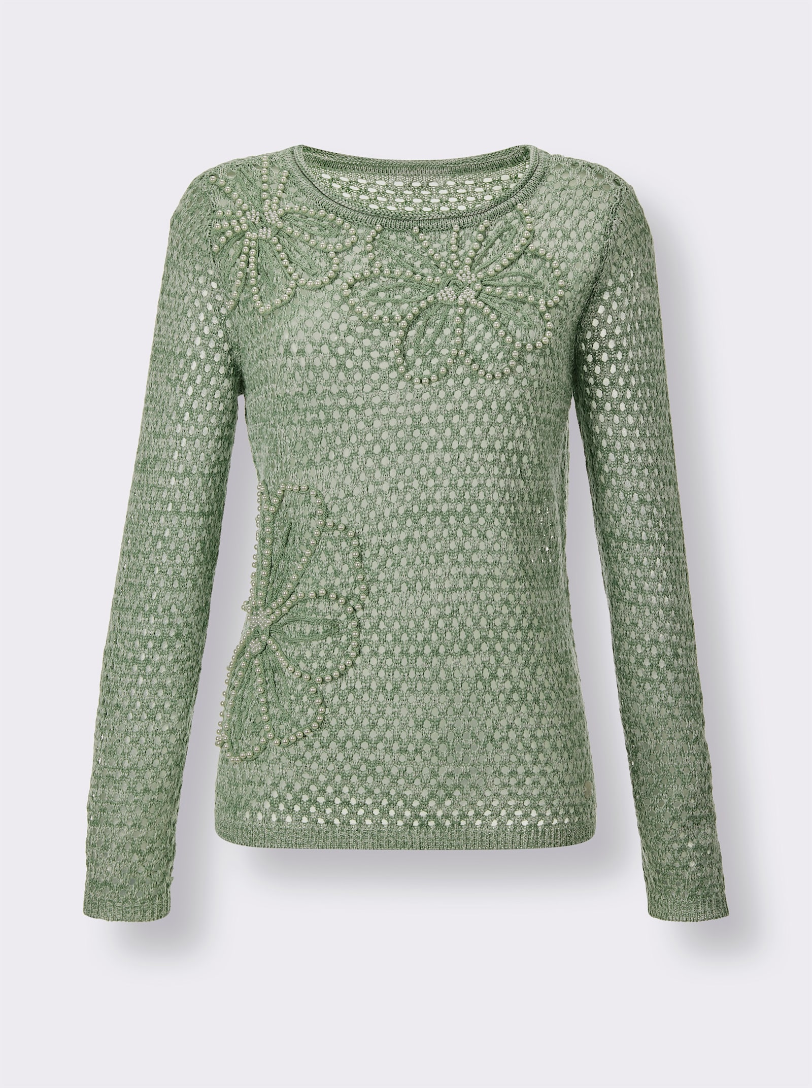 CREATION L PREMIUM Ajourpullover mit Leinen-Anteil - eucalyptus-ecru-meliert