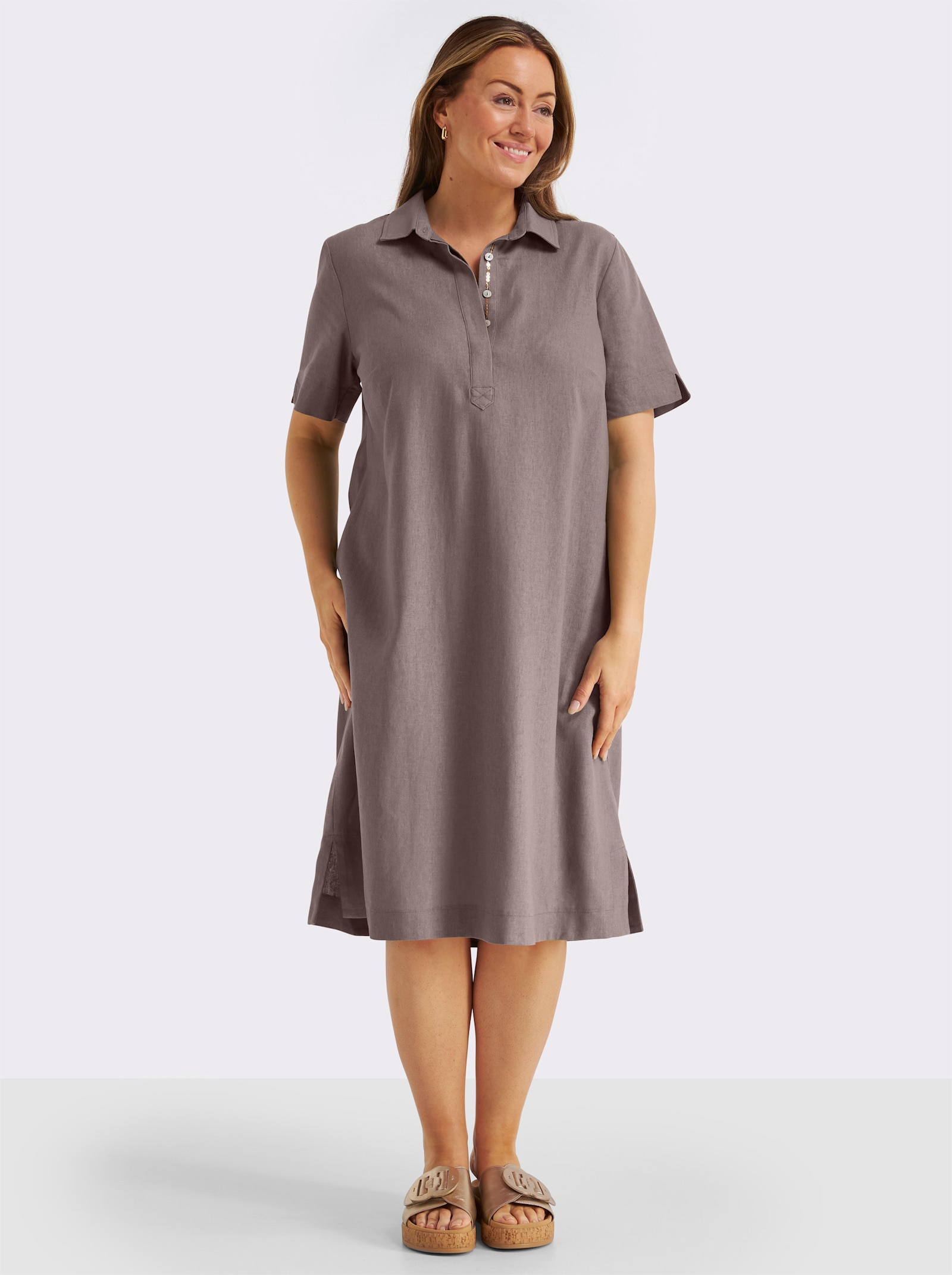 sheego A-Linien-Kleid im Leinen-Mix - dunkeltaupe