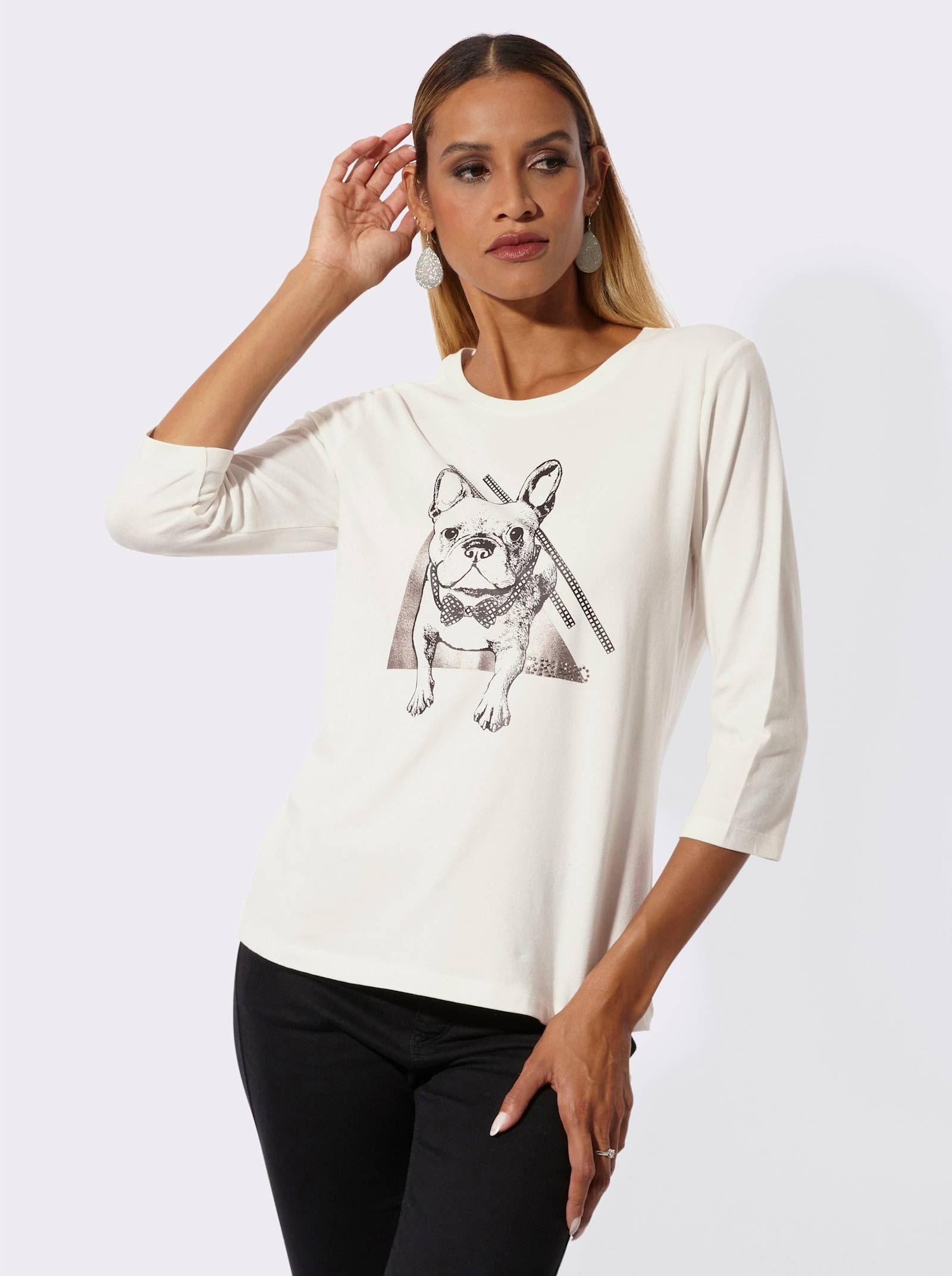 3/4-Arm-Shirt mit Glitzersteinchen - ecru-schwarz-bedruckt