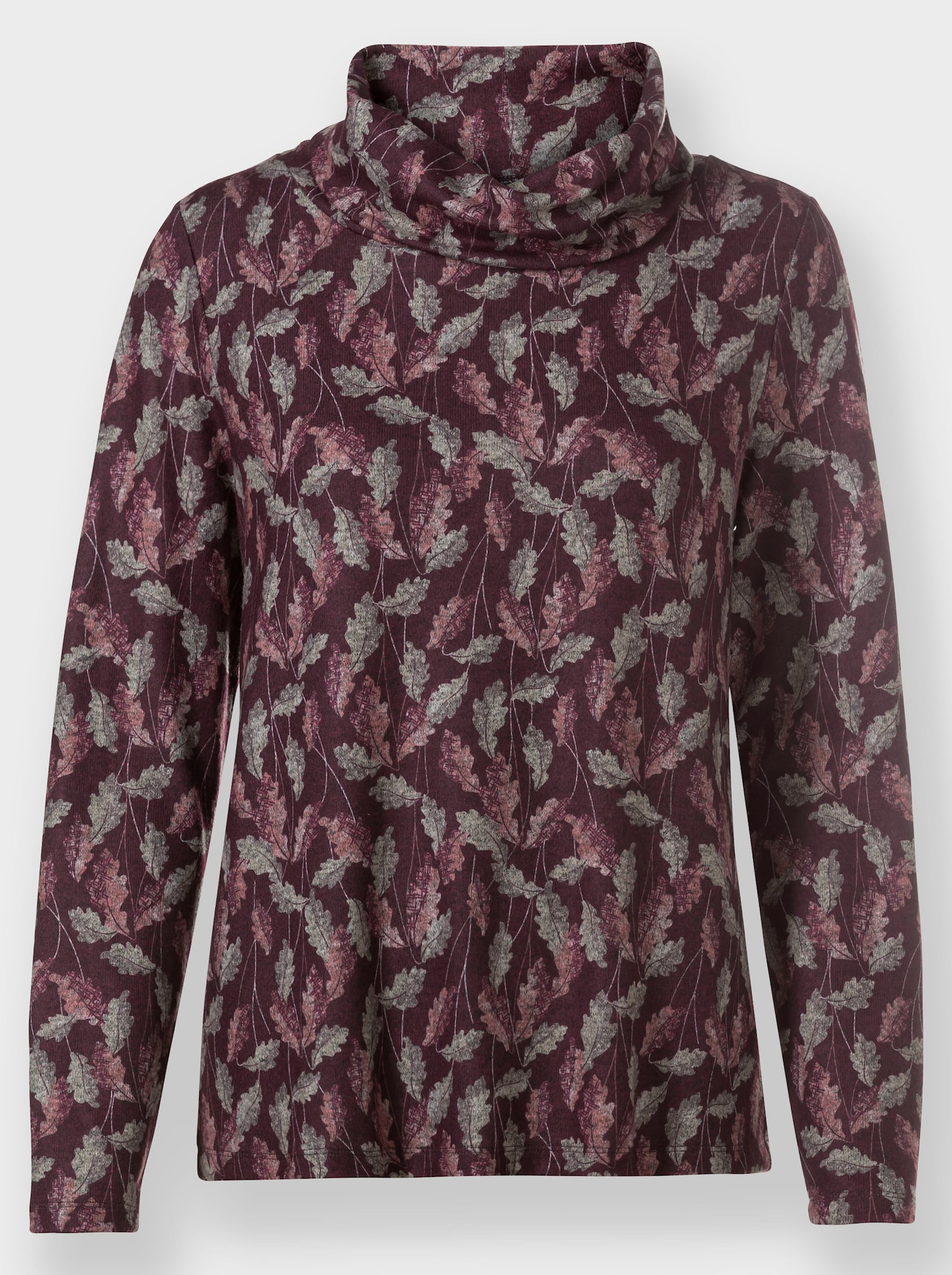 Print-Shirt mit halsfernem Rollkragen - burgund-sesam-bedruckt