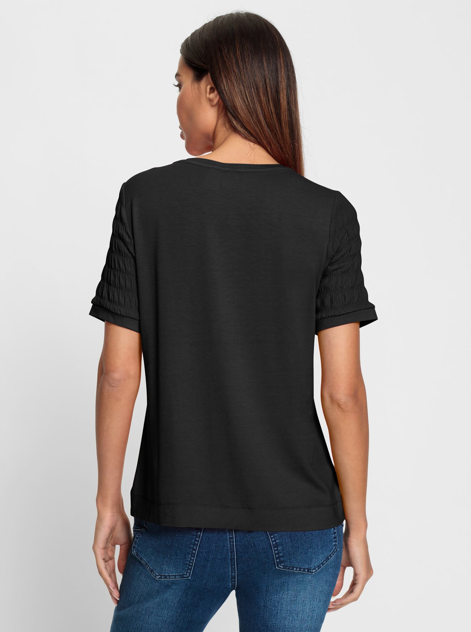 heine Rundhalsshirt mit Smok-Partien - schwarz