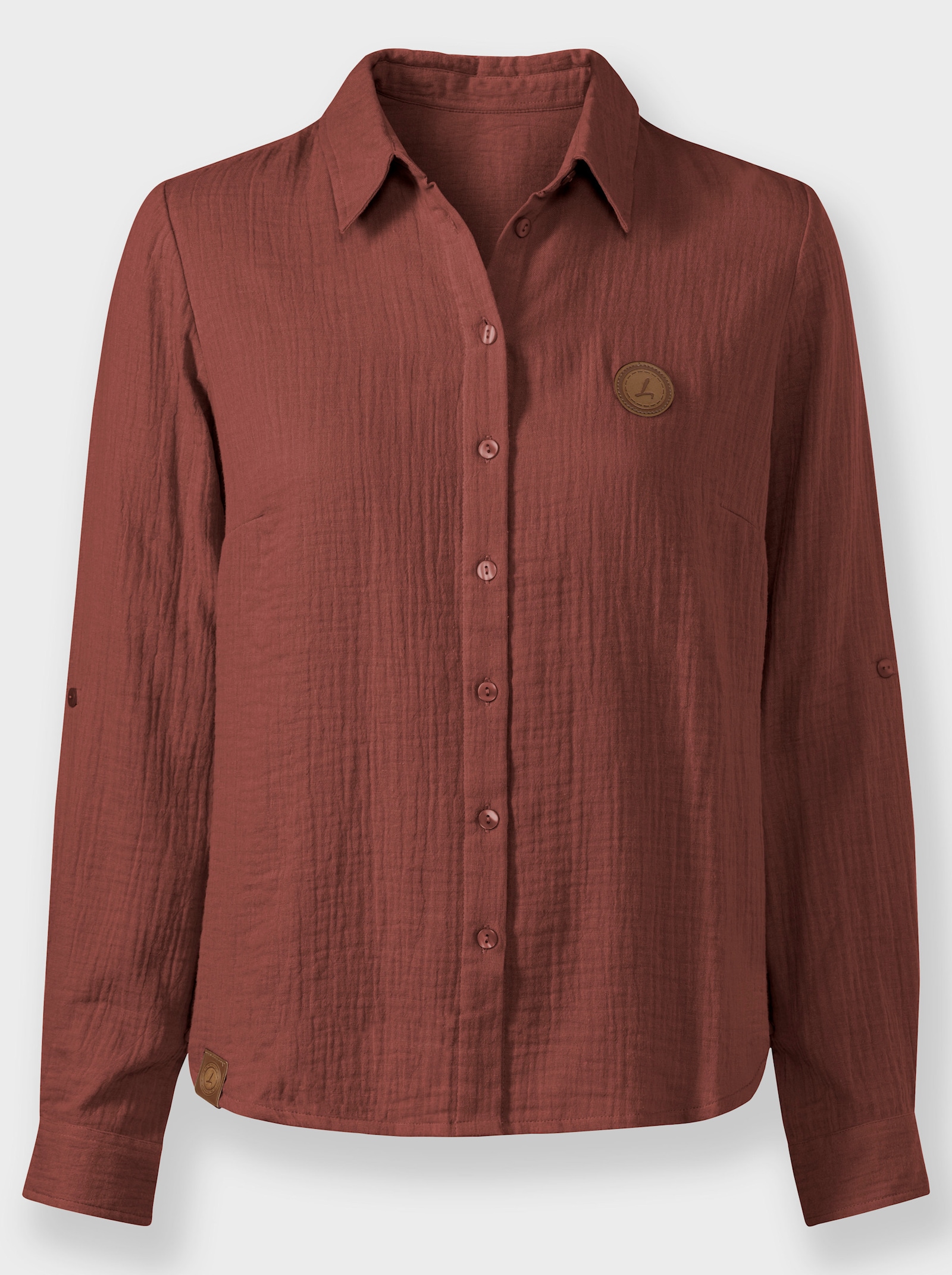 Baumwollbluse mit krempelbaren Ärmeln - rotbraun