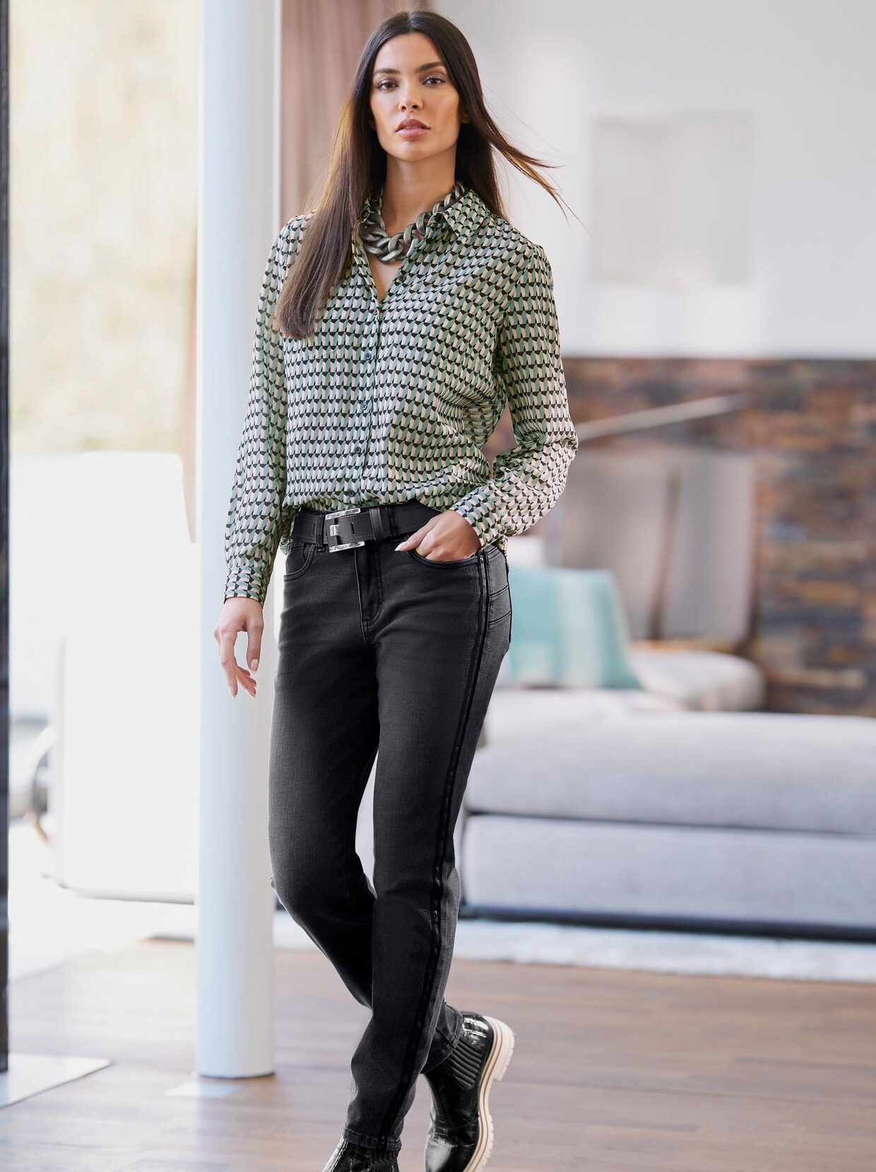 Rick Cardona Druckbluse - schwarz-jade-bedruckt