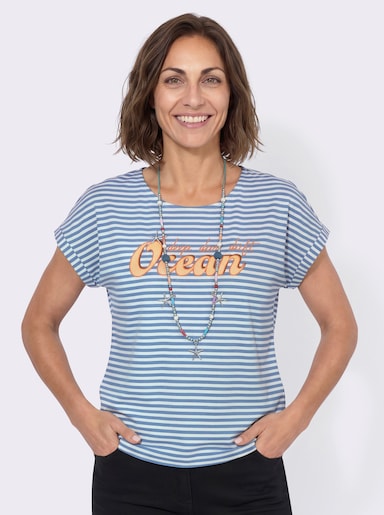 Ringelshirt mit Frontdruck - mittelblau-ecru-geringelt