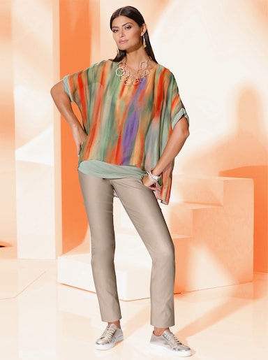 Longbluse - oliv-papaya-bedruckt